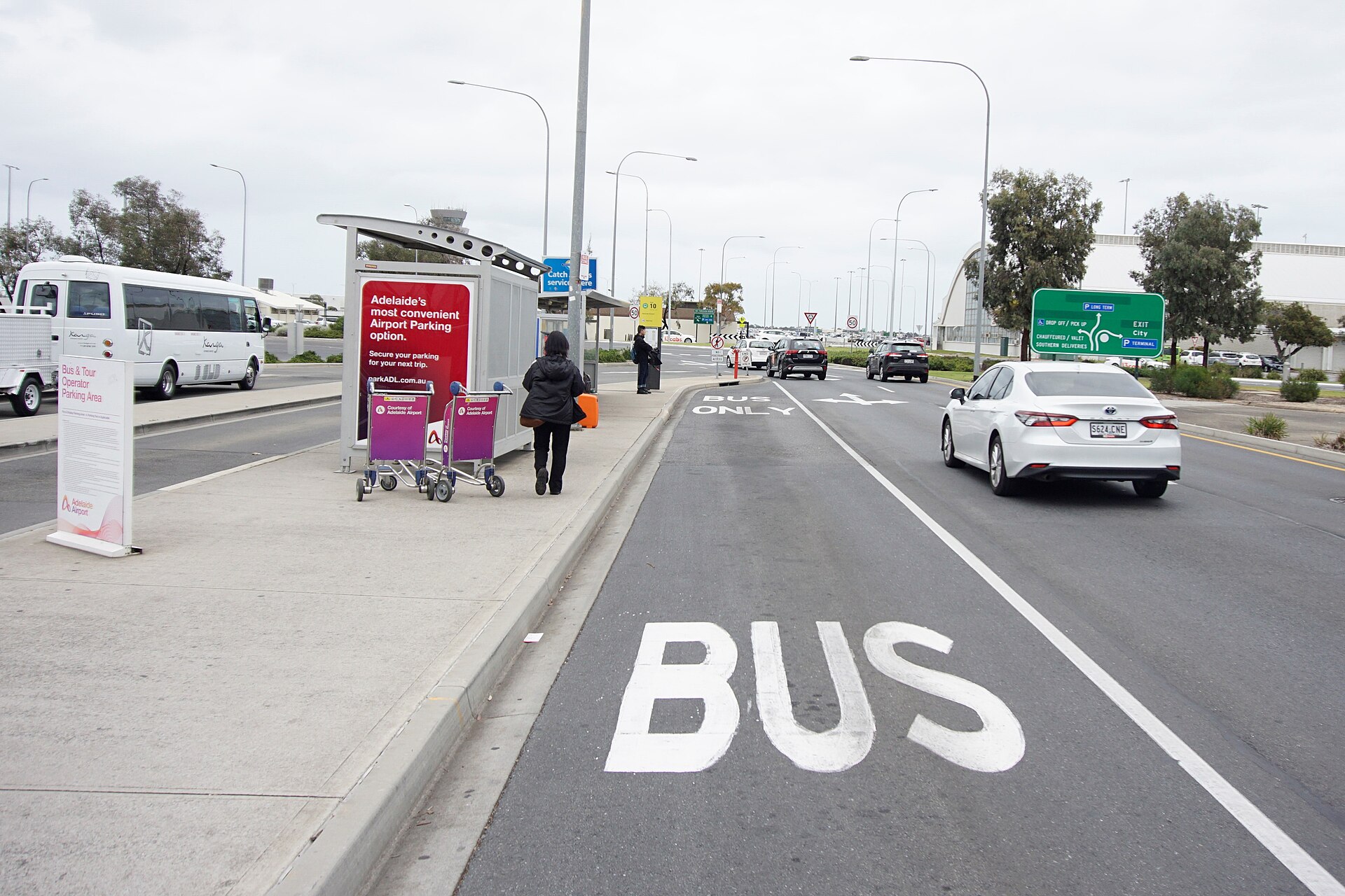 The bus shelter and bus-only lane outside Adelaide Airport