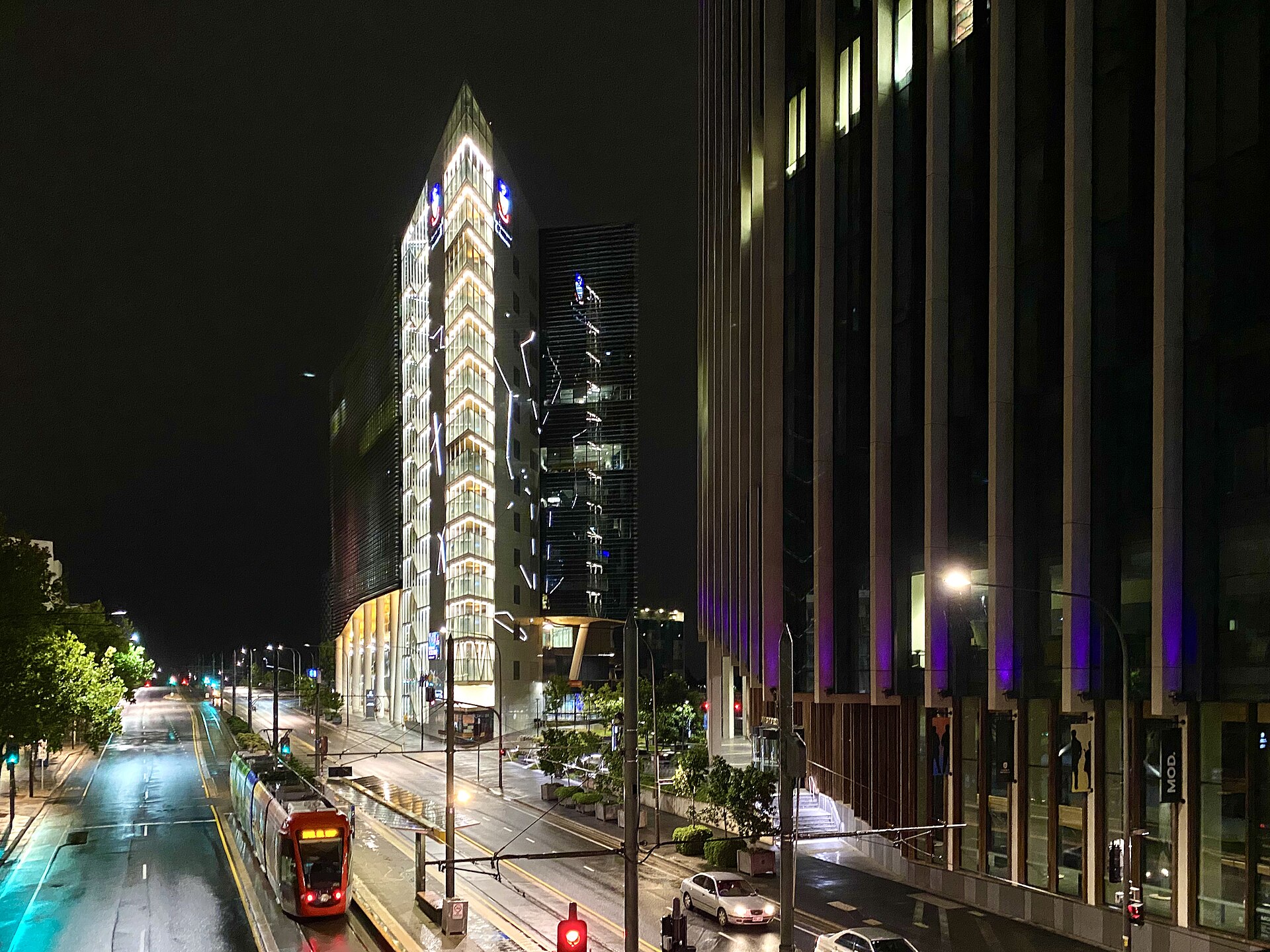 North Terrace's BioMed precinct at night, photographed in 2020