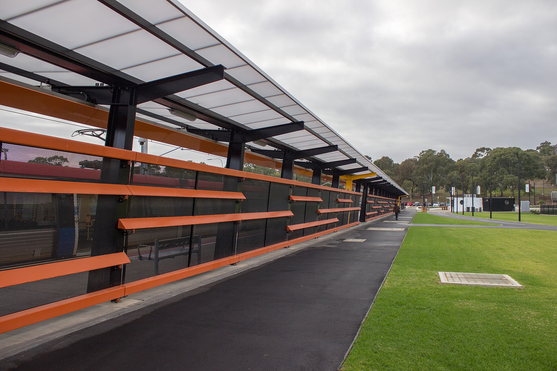 The platforms at Flinders railway station in Adelaide, May 2021; the photo shows the station, not the hospital