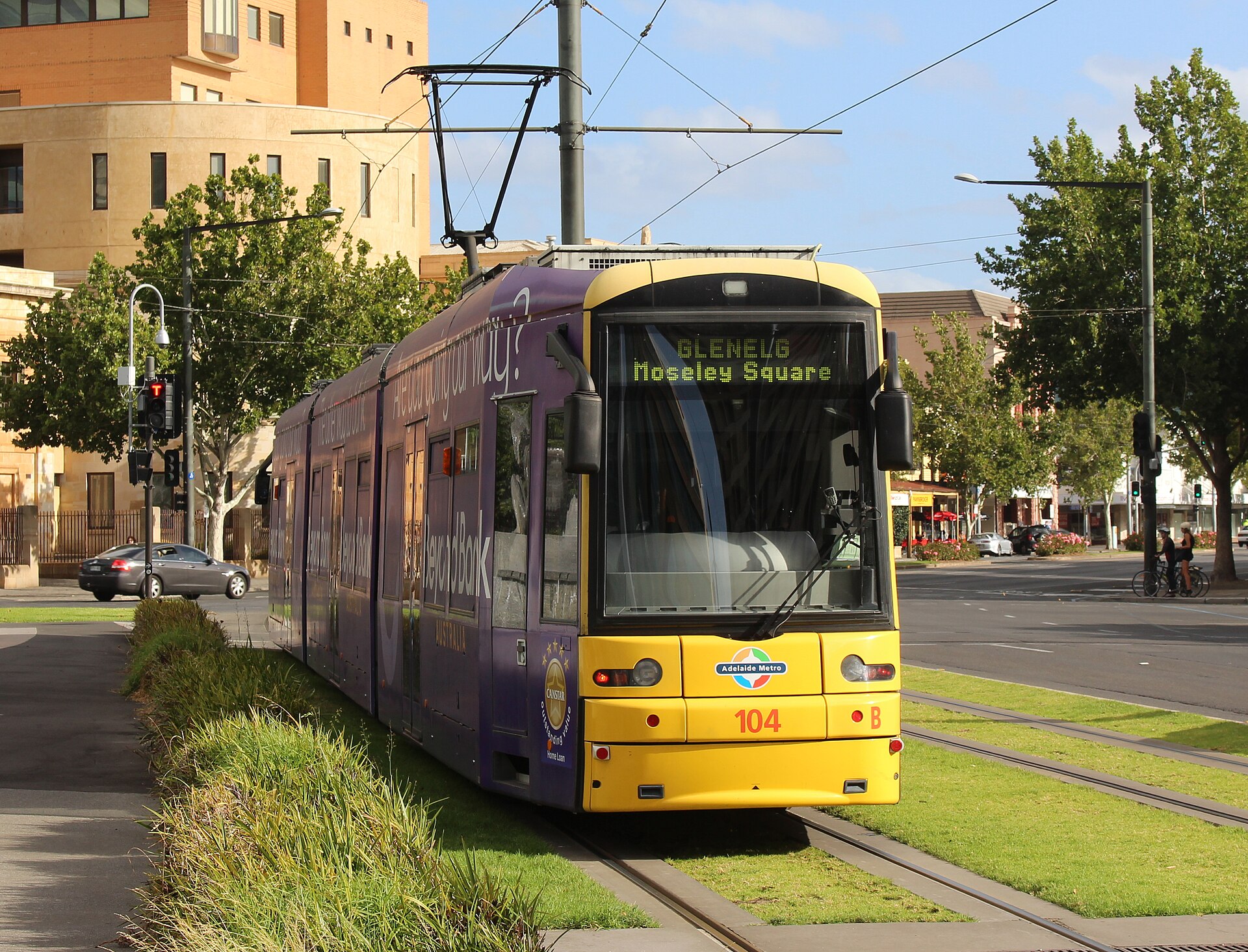 An Adelaide Metro Flexity Classic tram on the Glenelg line, photographed in 2014