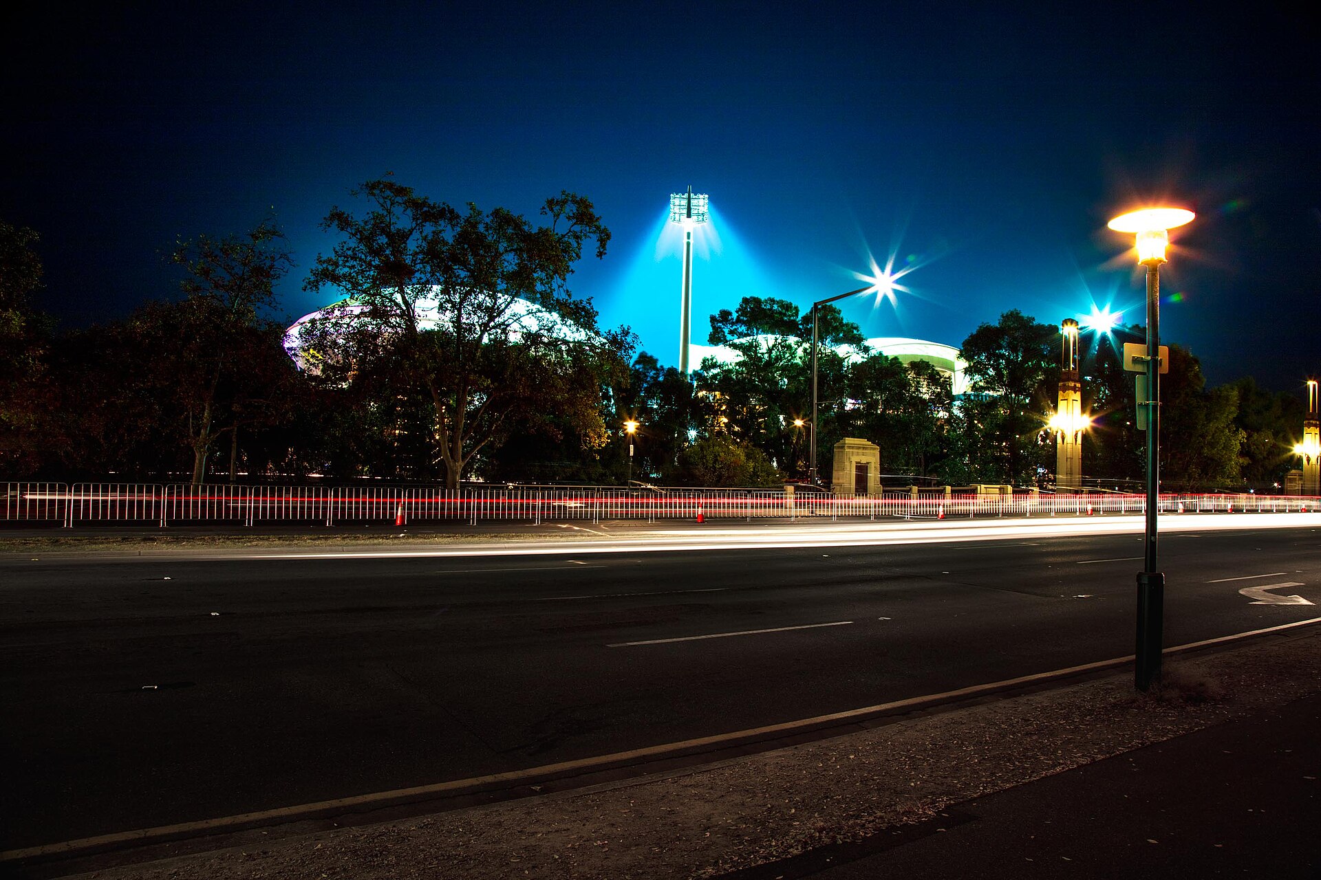 Adelaide Oval at night, viewed from City Bridge on King William Road, photographed in 2016