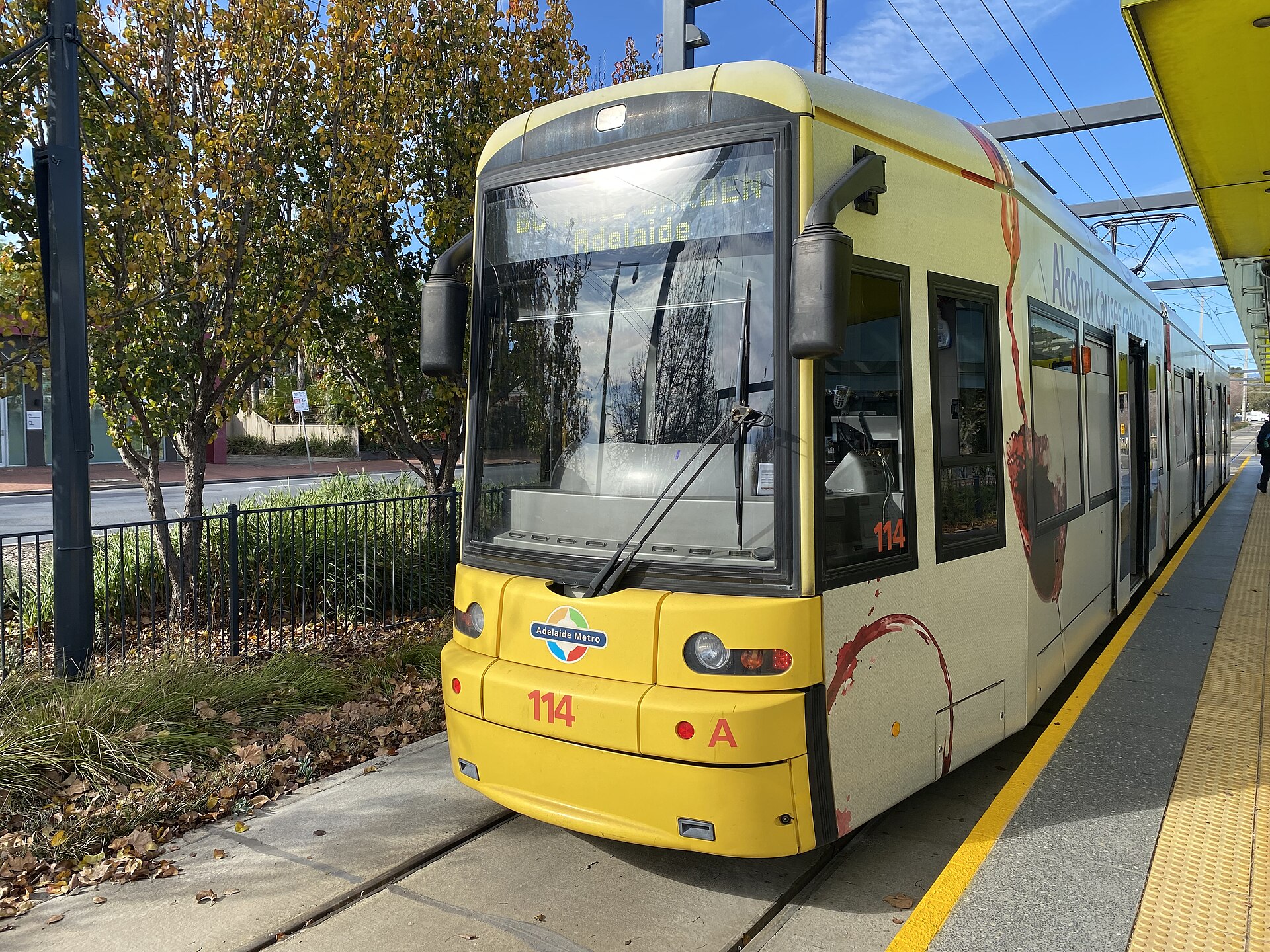 An Adelaide Metro tram at the Entertainment Centre Tram Stop, June 2025