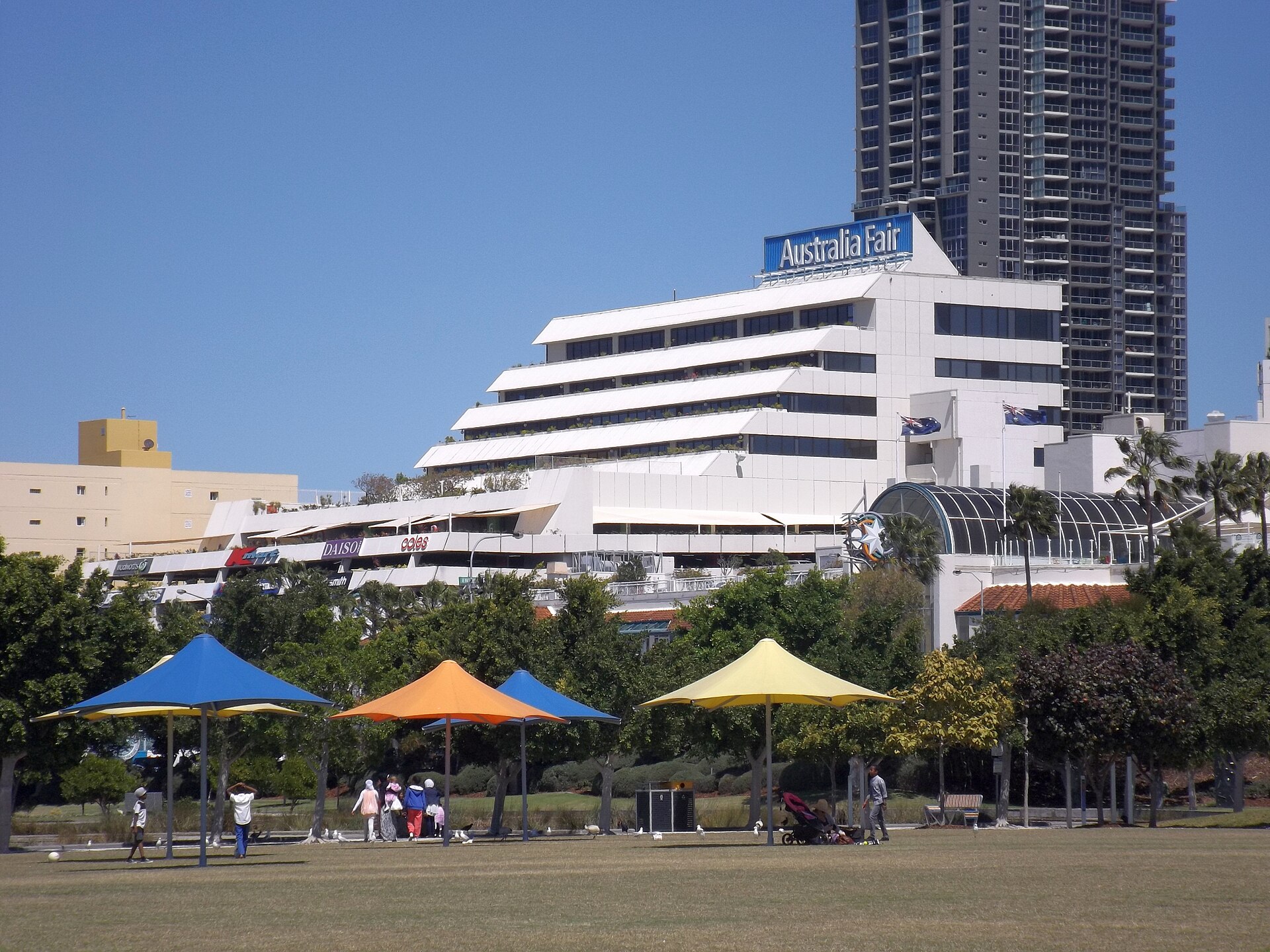 Australia Fair Shopping Centre in Southport; the Rockpools wet play area is opposite it