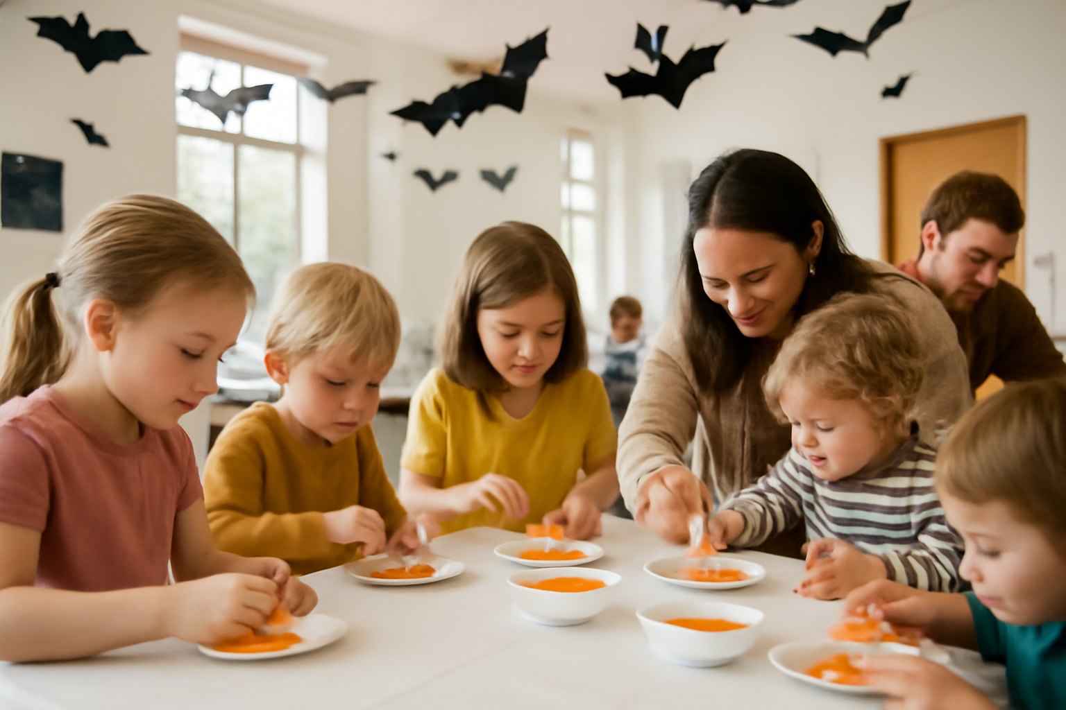 Children and parents decorating biscuits with orange icing at a long table under paper bats