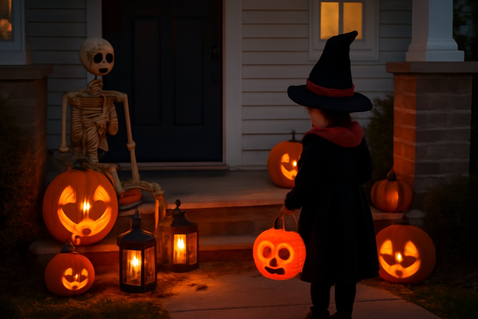A child in a witch costume at a front porch with carved pumpkins, lanterns and a skeleton figure at dusk