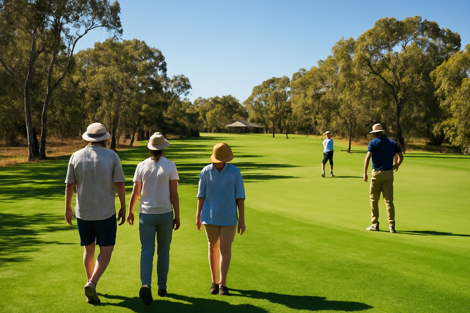 Spectators in casual clothes and sun hats walking along a green golf fairway beside two golfers on an Australian regional championship course
