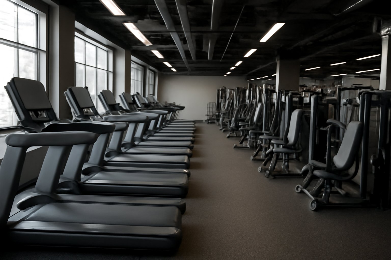 A modern gym floor with rows of treadmills and weight machines, empty of people