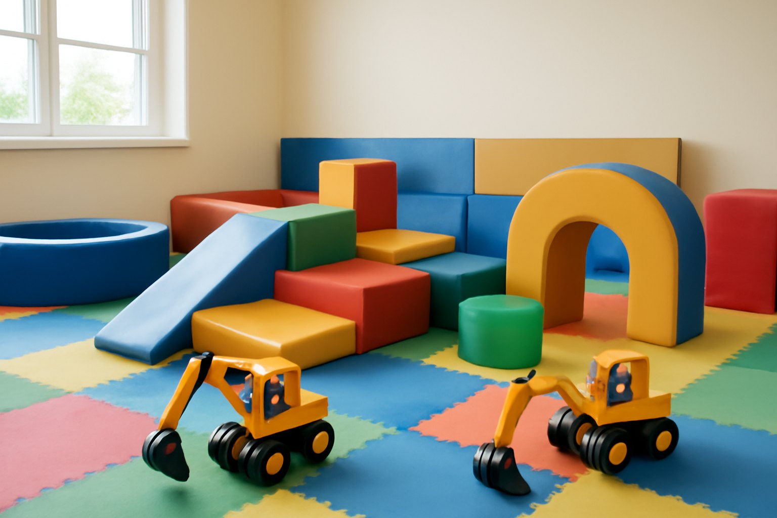 A bright indoor children's play room with soft padded play equipment and toy diggers, empty of people
