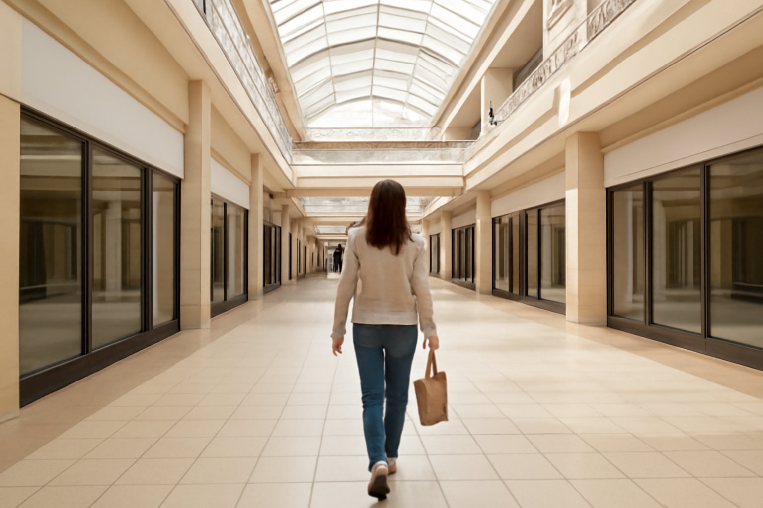 A shopper with a paper bag walking through a bright, covered shopping centre concourse