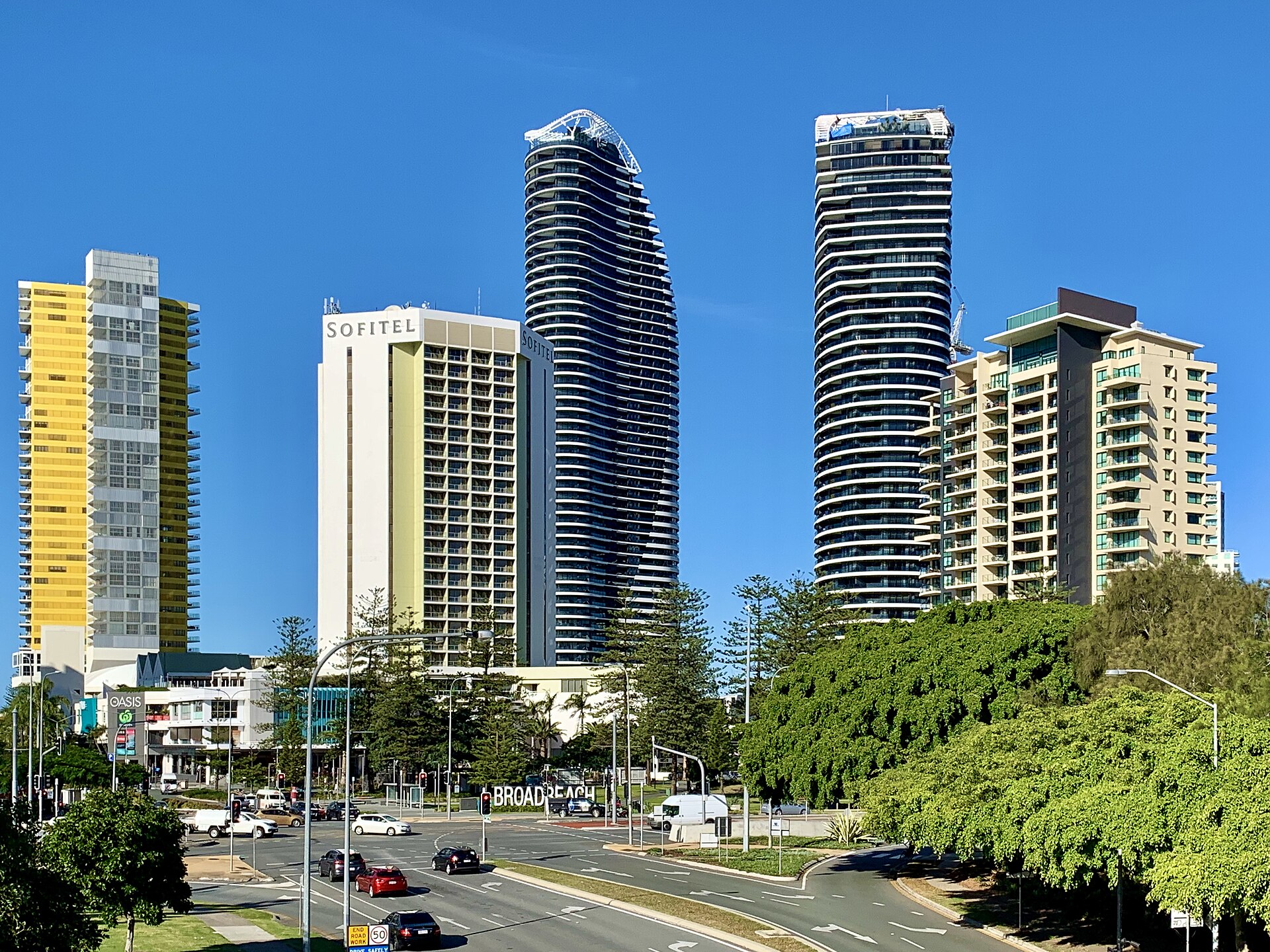 Broadbeach towers on the Gold Coast Highway side of the centre, photographed in 2020