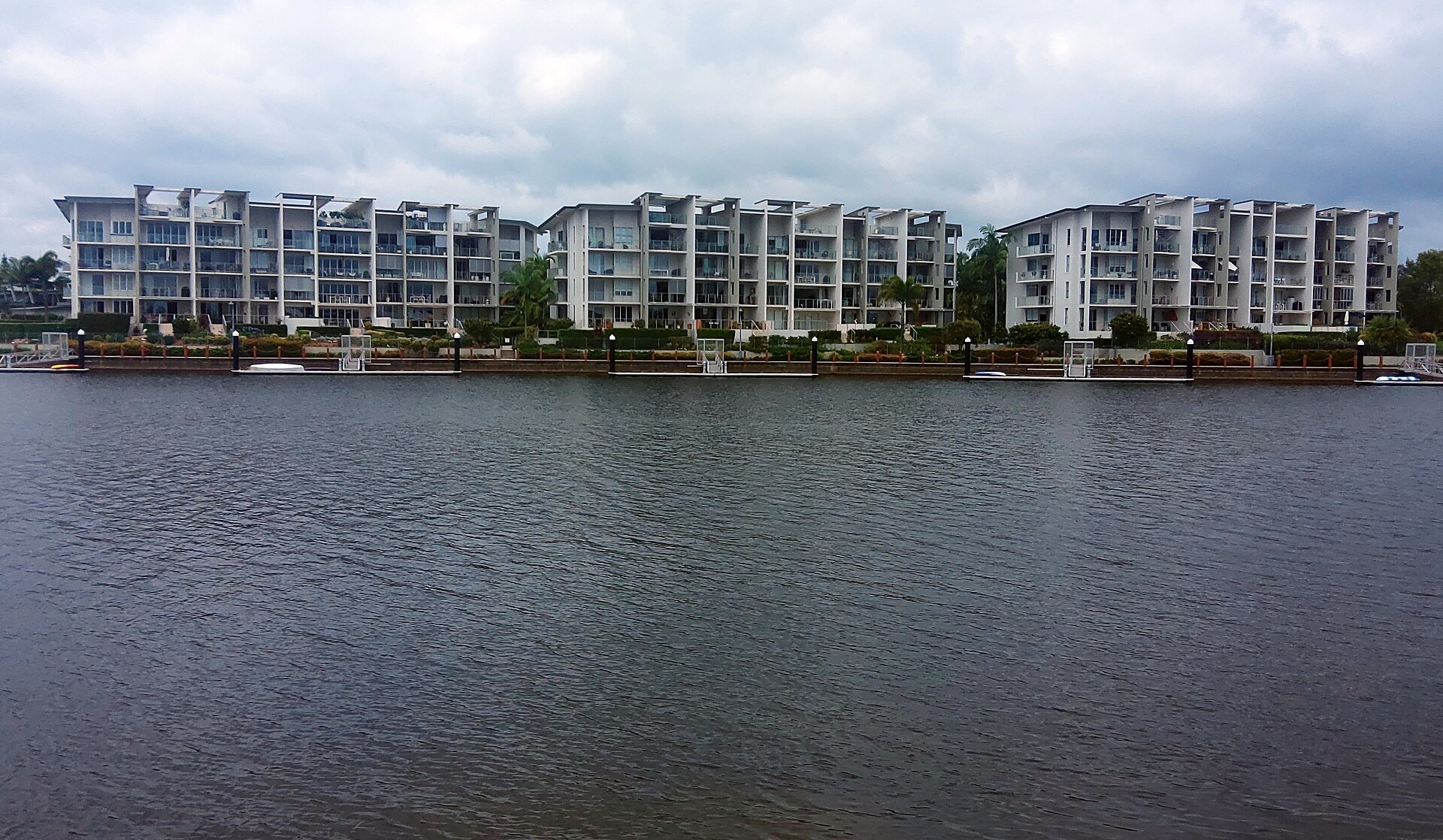 Apartment buildings on Lake Kawana at Birtinya, photographed in 2021