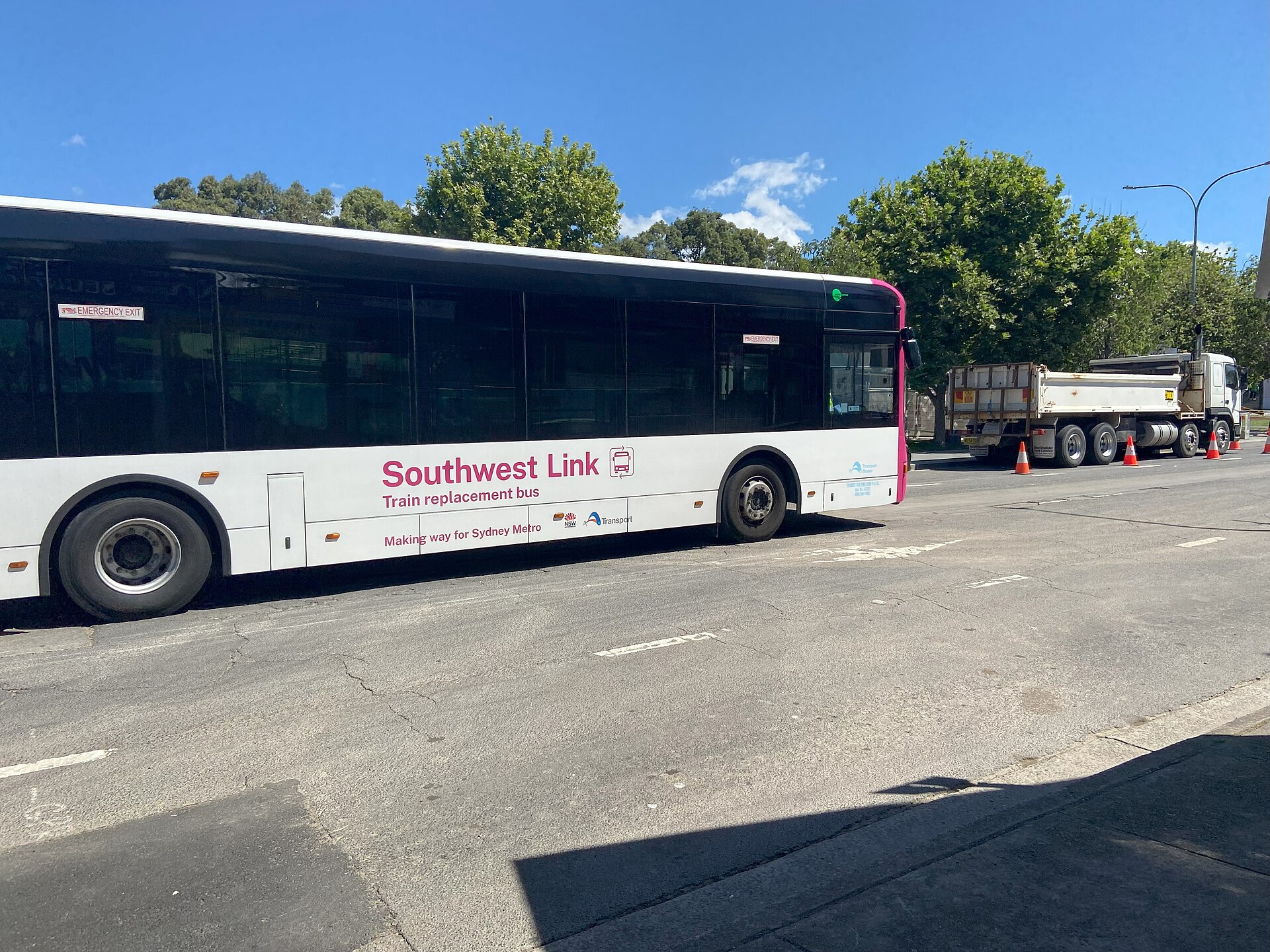 A Southwest Link replacement bus at Bankstown railway station, October 2024
