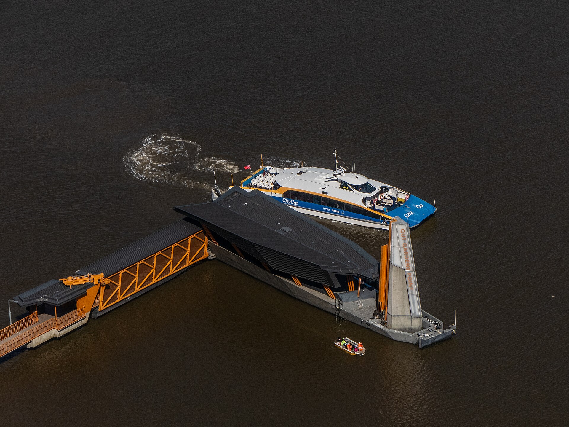 A CityCat at the QUT Gardens Point ferry terminal on the Brisbane River, 2021
