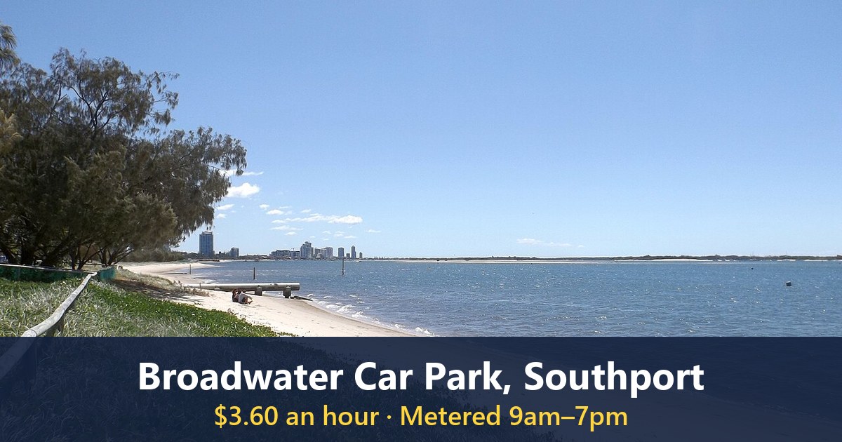The foreshore at Broadwater Parklands, Southport, looking towards the Gold Coast skyline