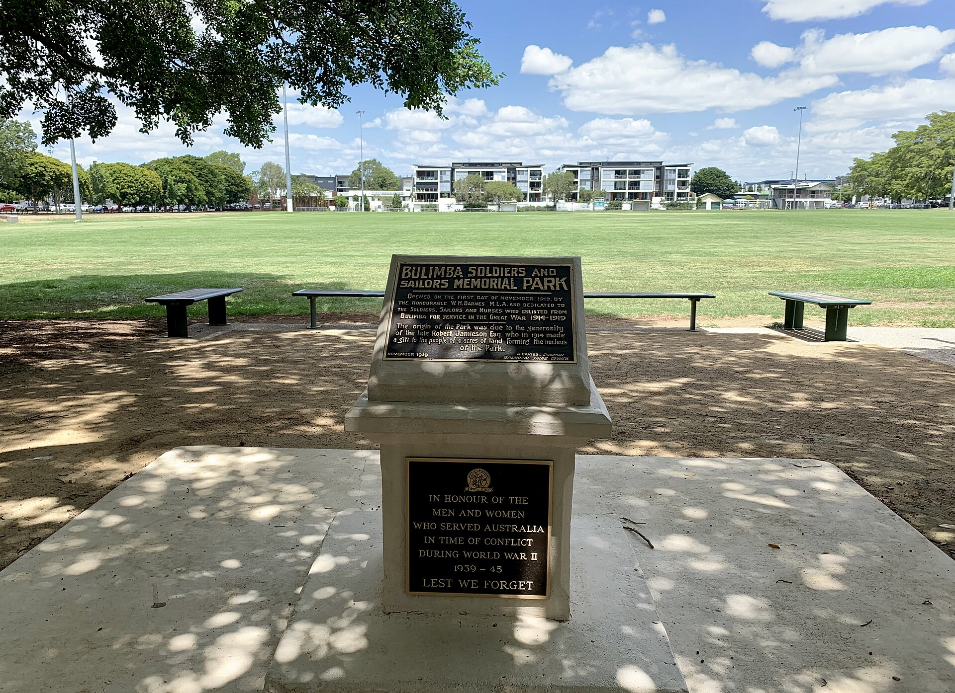 The war memorial inside Bulimba Memorial Park