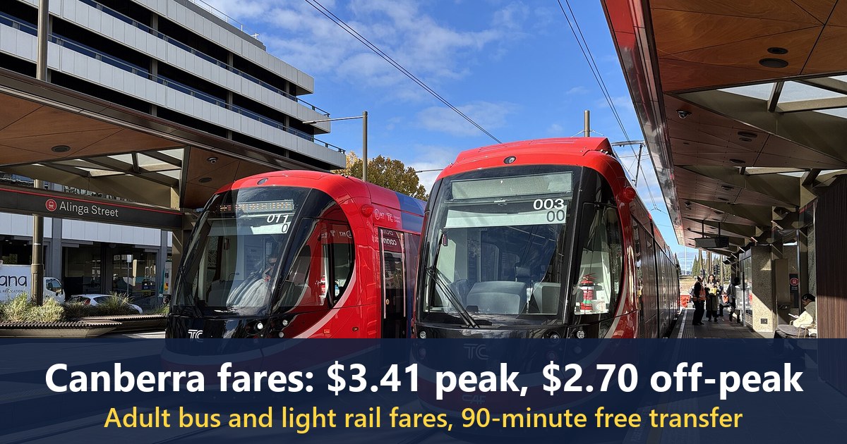Two Urbos 3 light rail vehicles at the Alinga Street light rail stop, April 2026