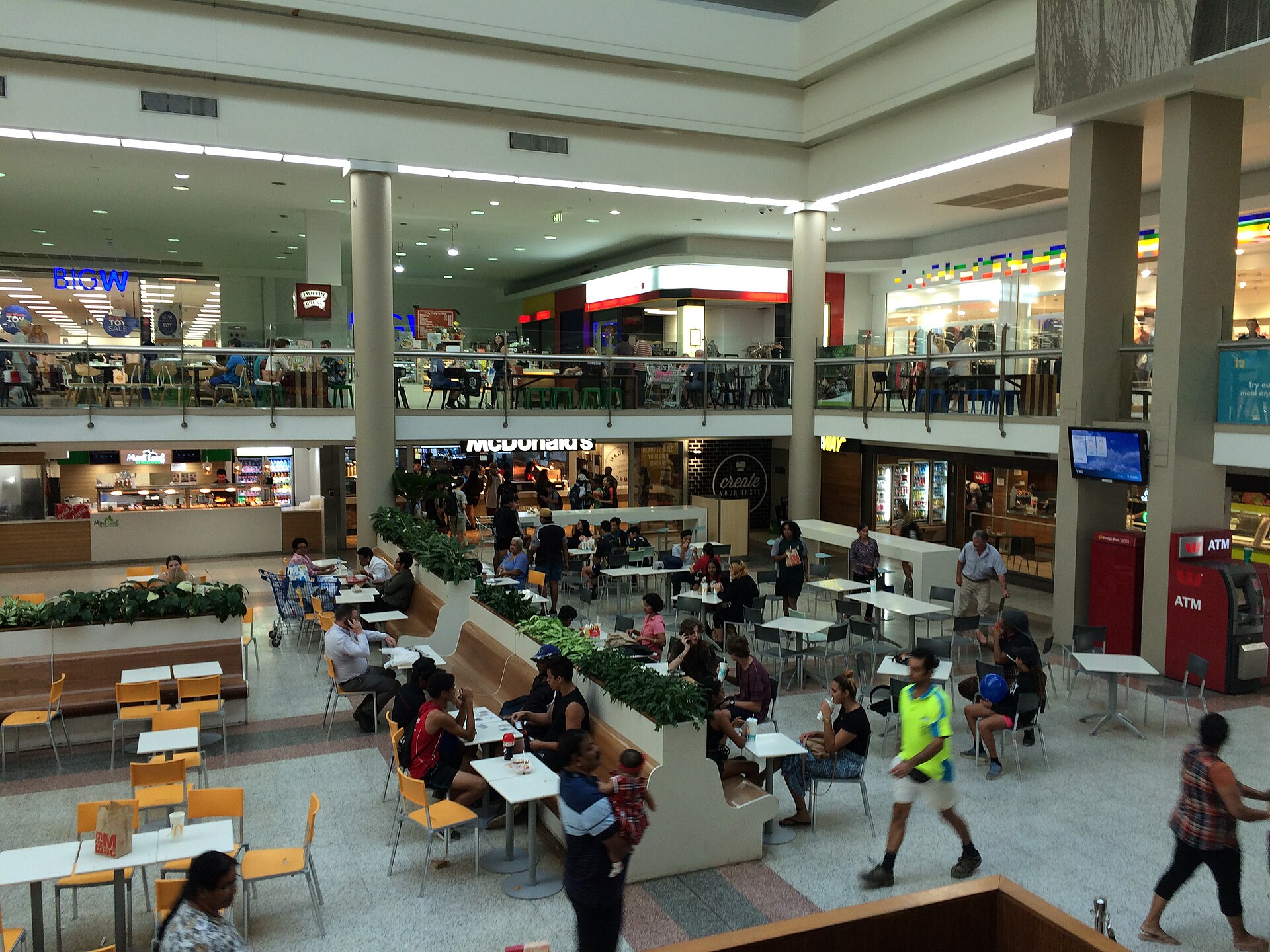 The food court at Casuarina Square, Darwin, with diners at tables, photographed in June 2016