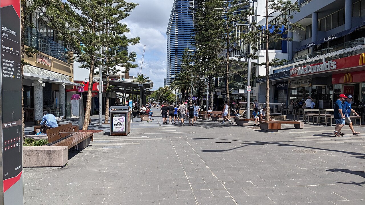 Cavill Avenue pedestrian mall in Surfers Paradise looking west