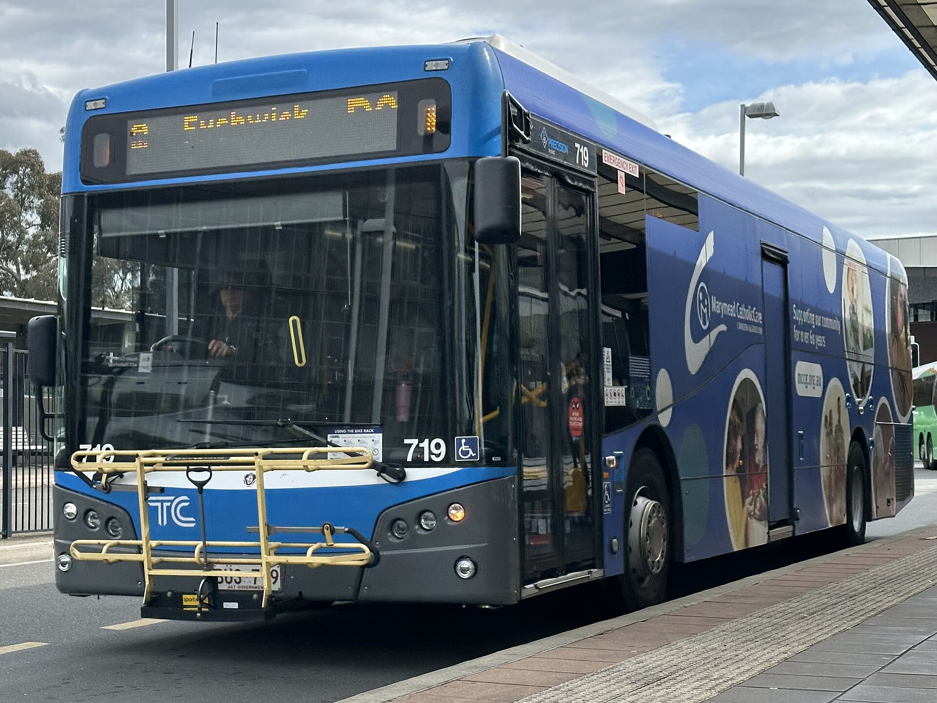 A Canberra bus departing platform 1 at Westfield Belconnen bus interchange, 2026 (route 2, not Rapid 3)
