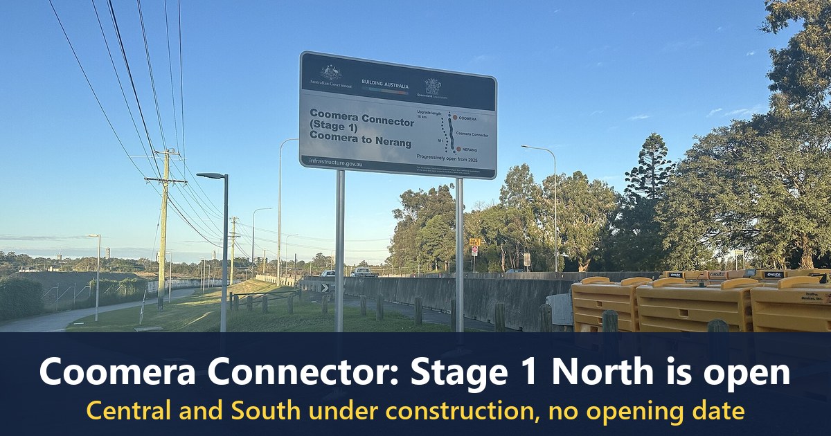Sign for Stage 1 of the Coomera Connector on Nerang-Broadbeach Road, June 2026