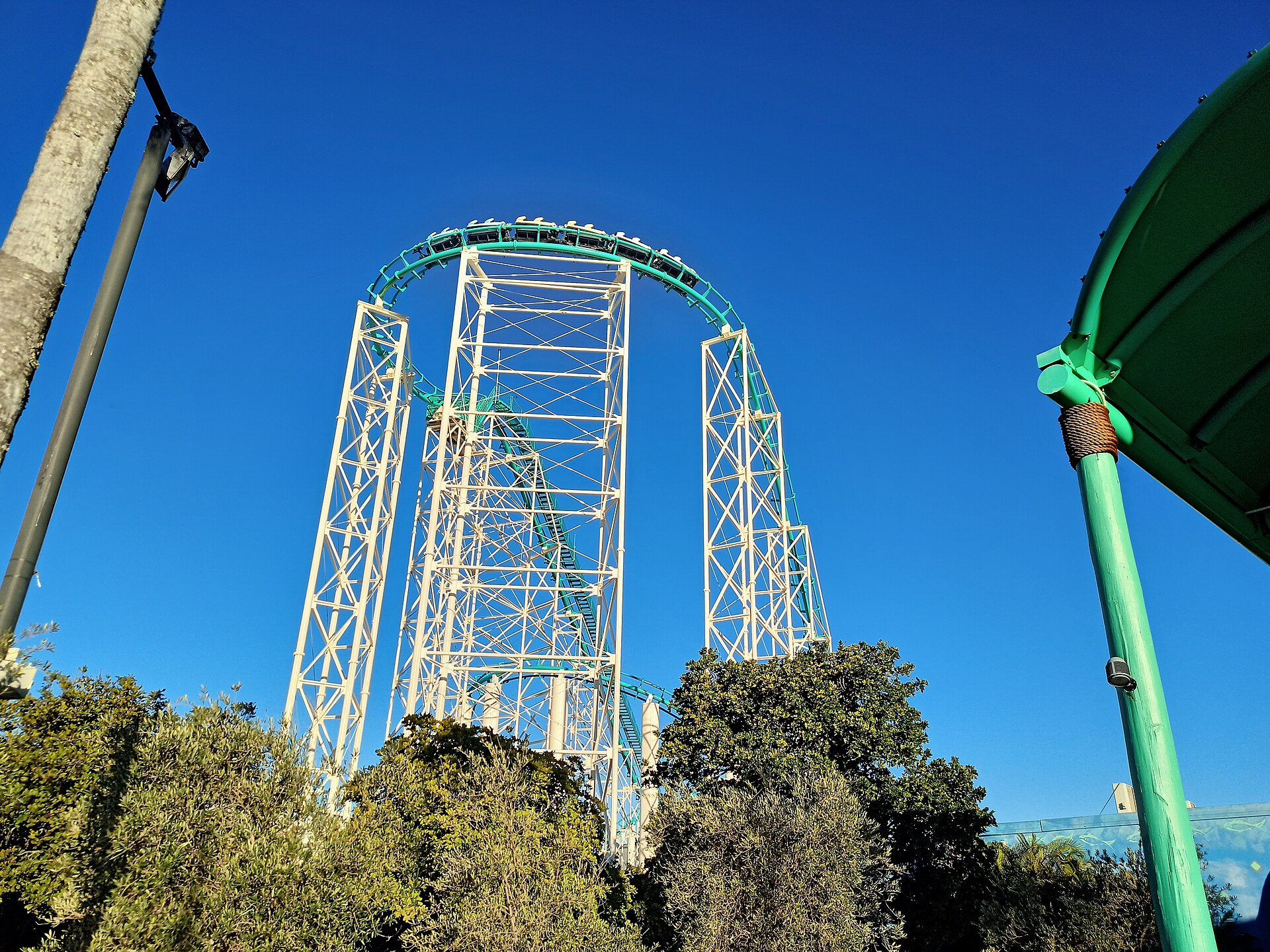The Gold Coaster roller coaster at Dreamworld, seen from the entry of WhiteWater World in June 2021