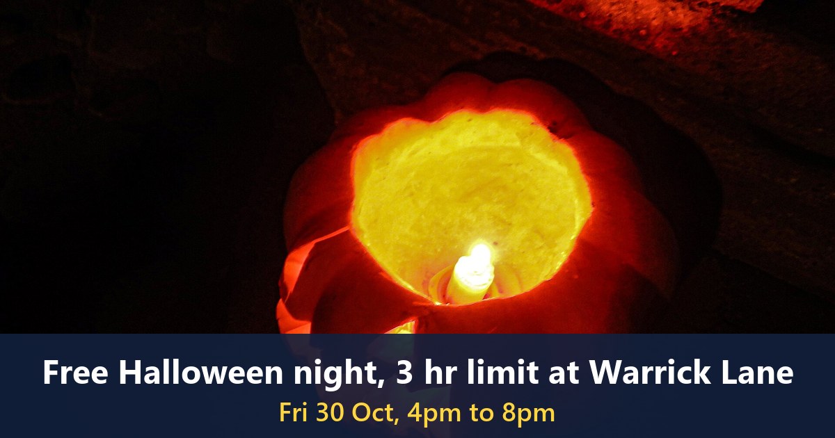A carved jack-o'-lantern photographed in Calcata, Italy (not at the Blacktown event, text added)