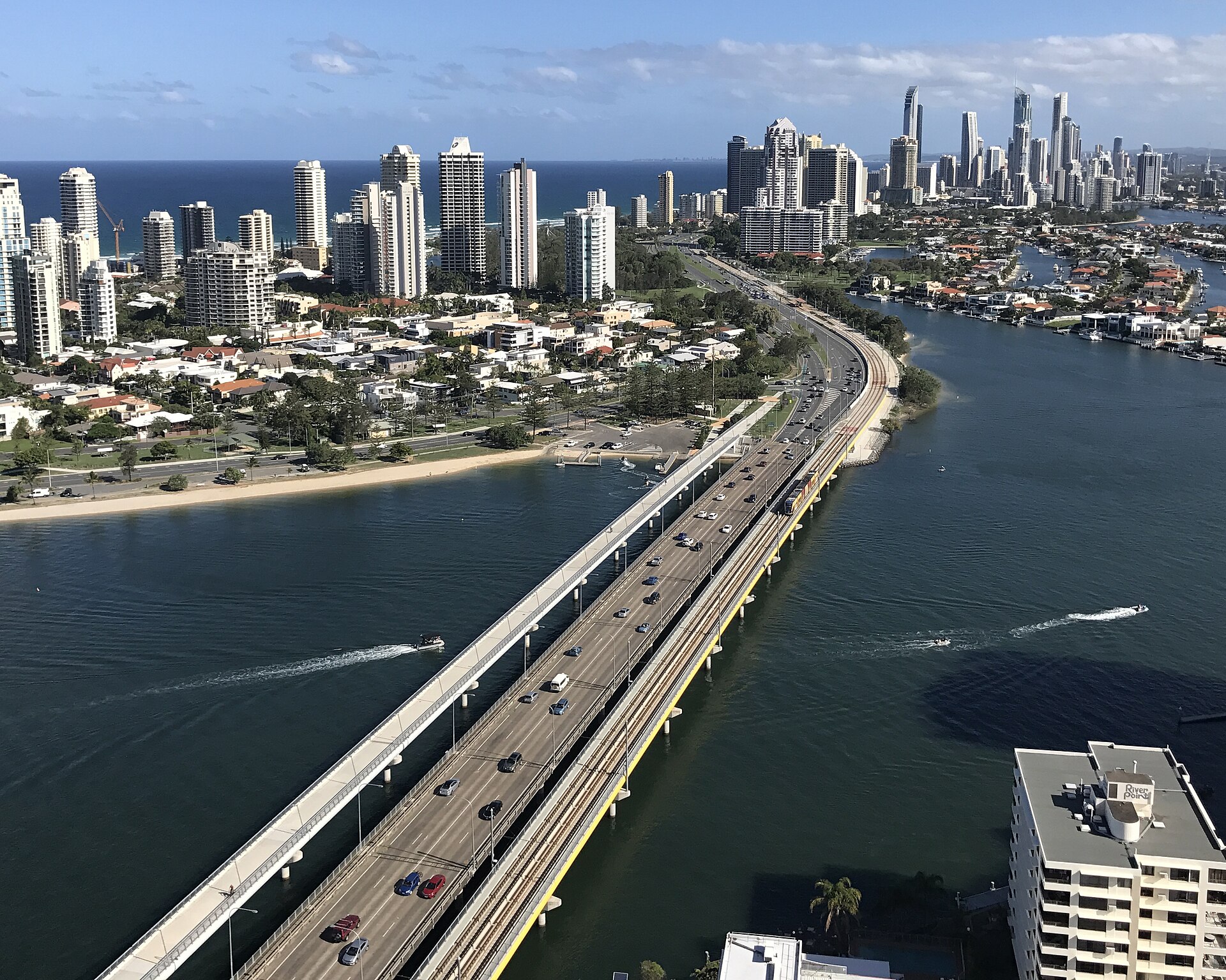 Main Beach and Surfers Paradise on the Gold Coast, seen from above the Sundale Bridge