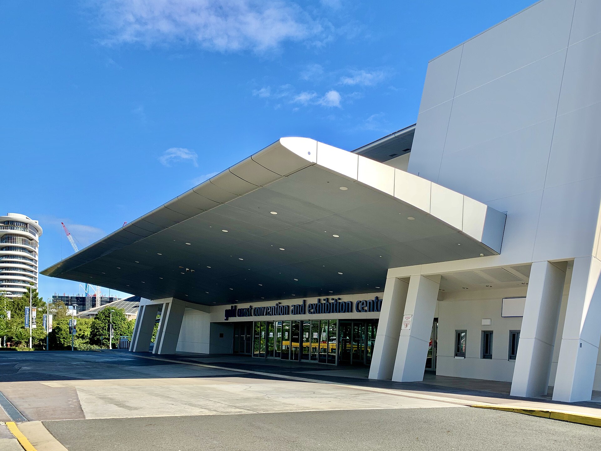 Main entrance of the Gold Coast Convention and Exhibition Centre, the overflow car park The Star suggests