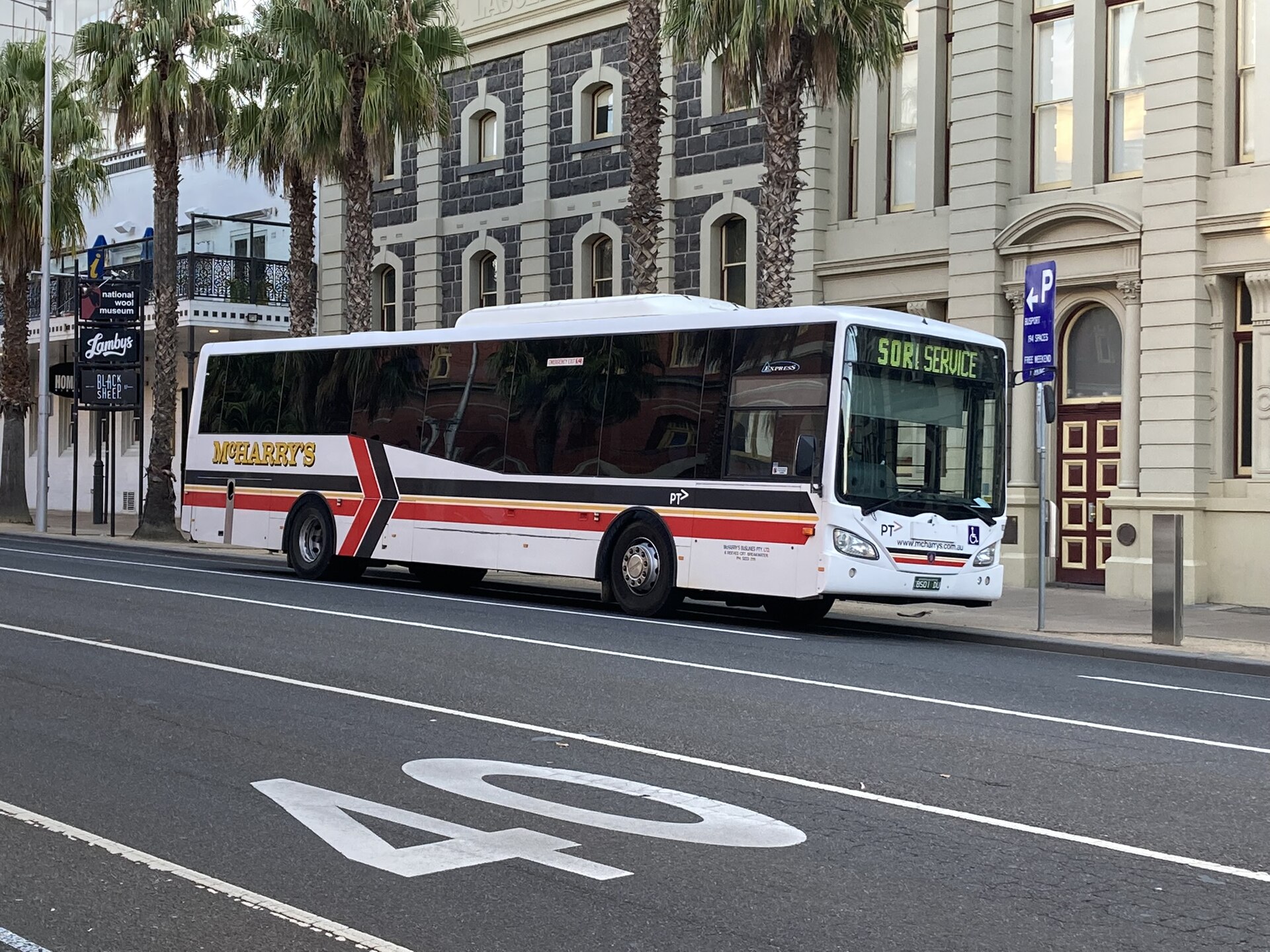 A bus parked on Moorabool Street, Geelong, April 2022
