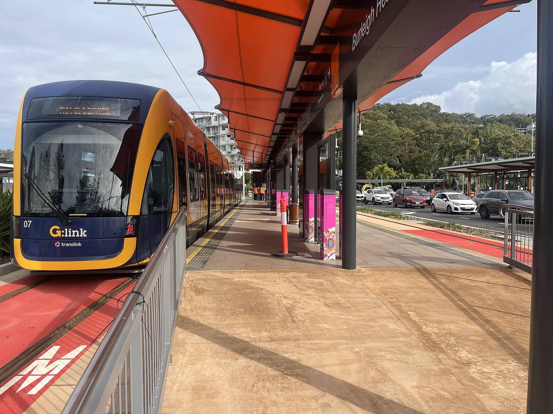 A tram at Burleigh Heads station during testing in June 2026