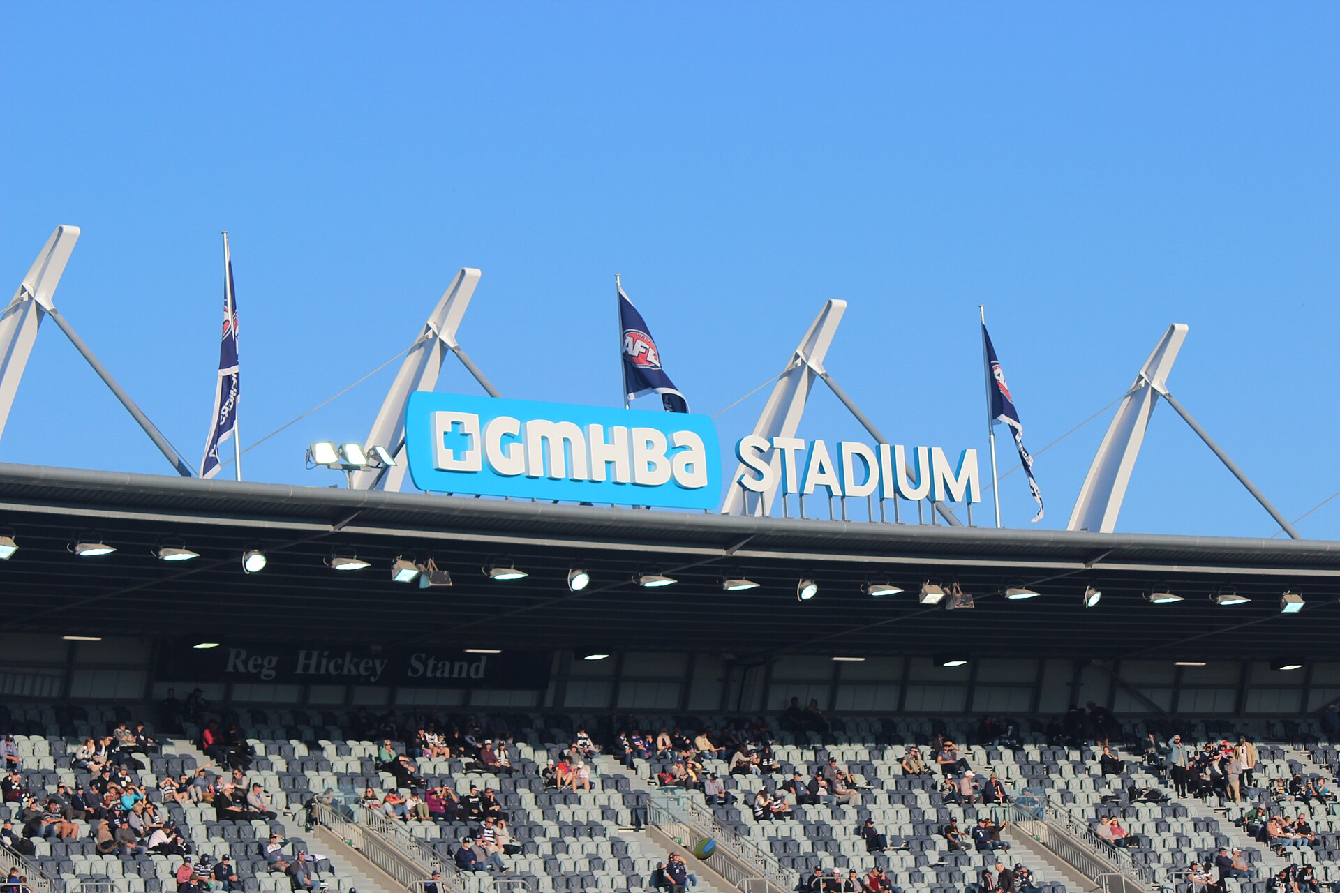 GMHBA Stadium sign during round 9 of the 2019 AFL season