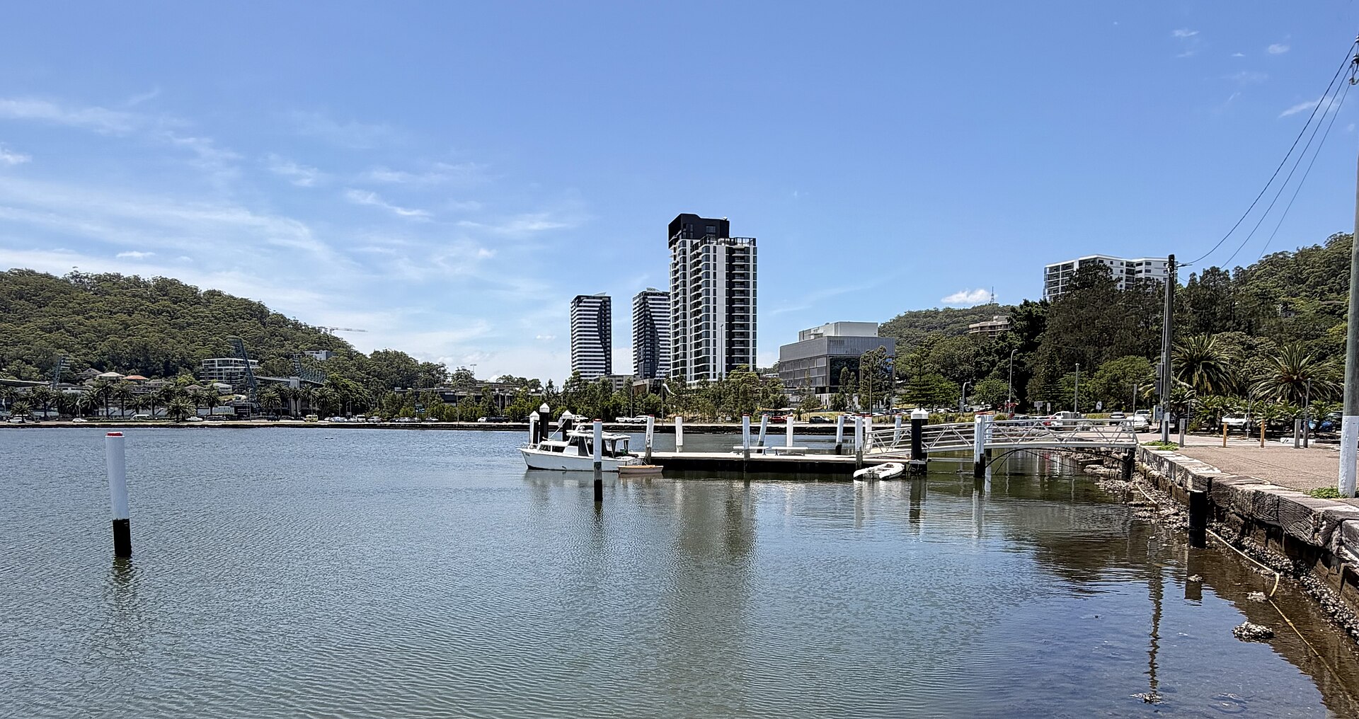 Gosford City Centre viewed from Drifters Wharf on the waterfront in December 2025