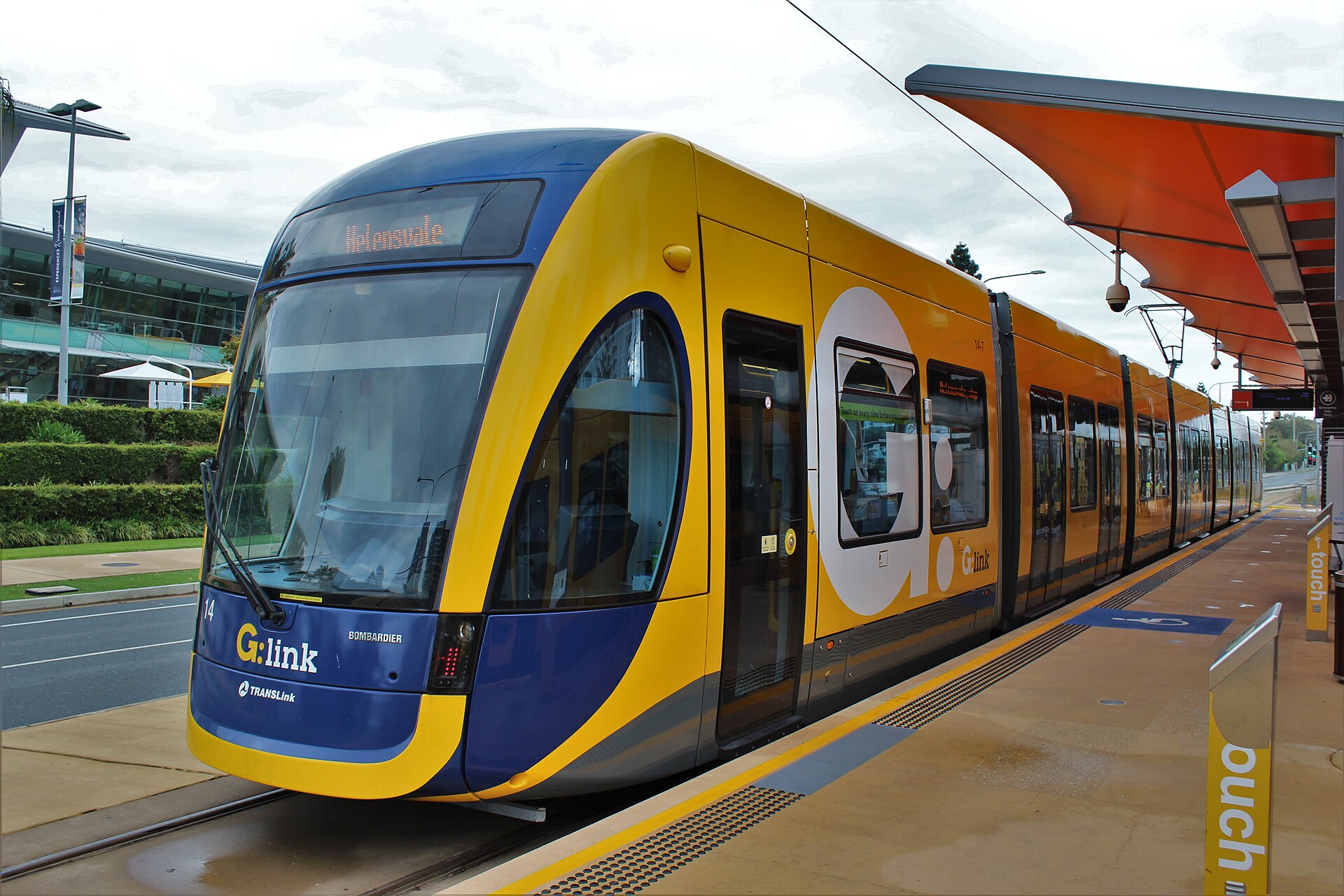 G:link tram at Broadbeach North station, the station in front of the centre