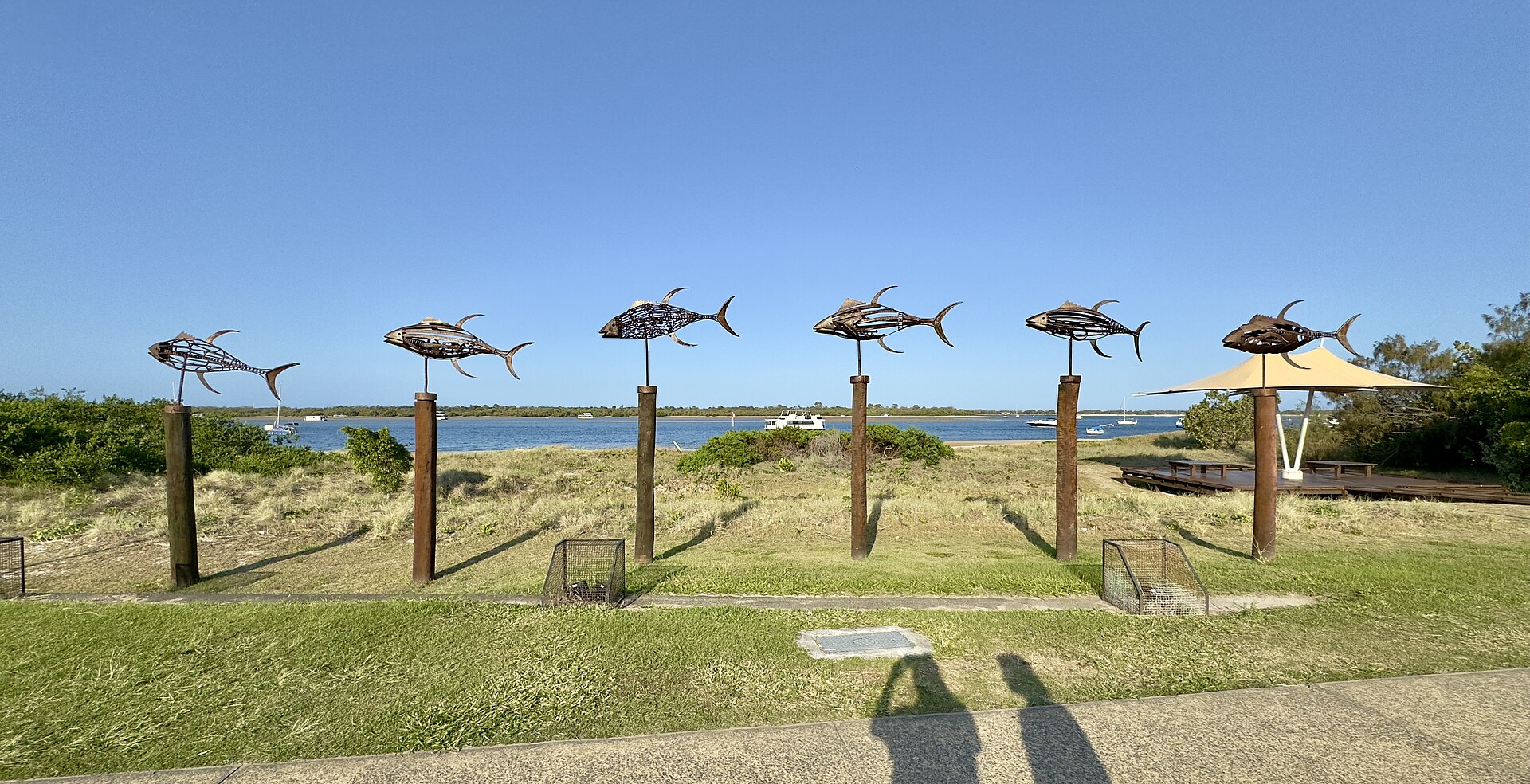 Six fish sculptures at Harley Park, Labrador, on the Broadwater foreshore in 2024; the enclosure itself is not in this photo