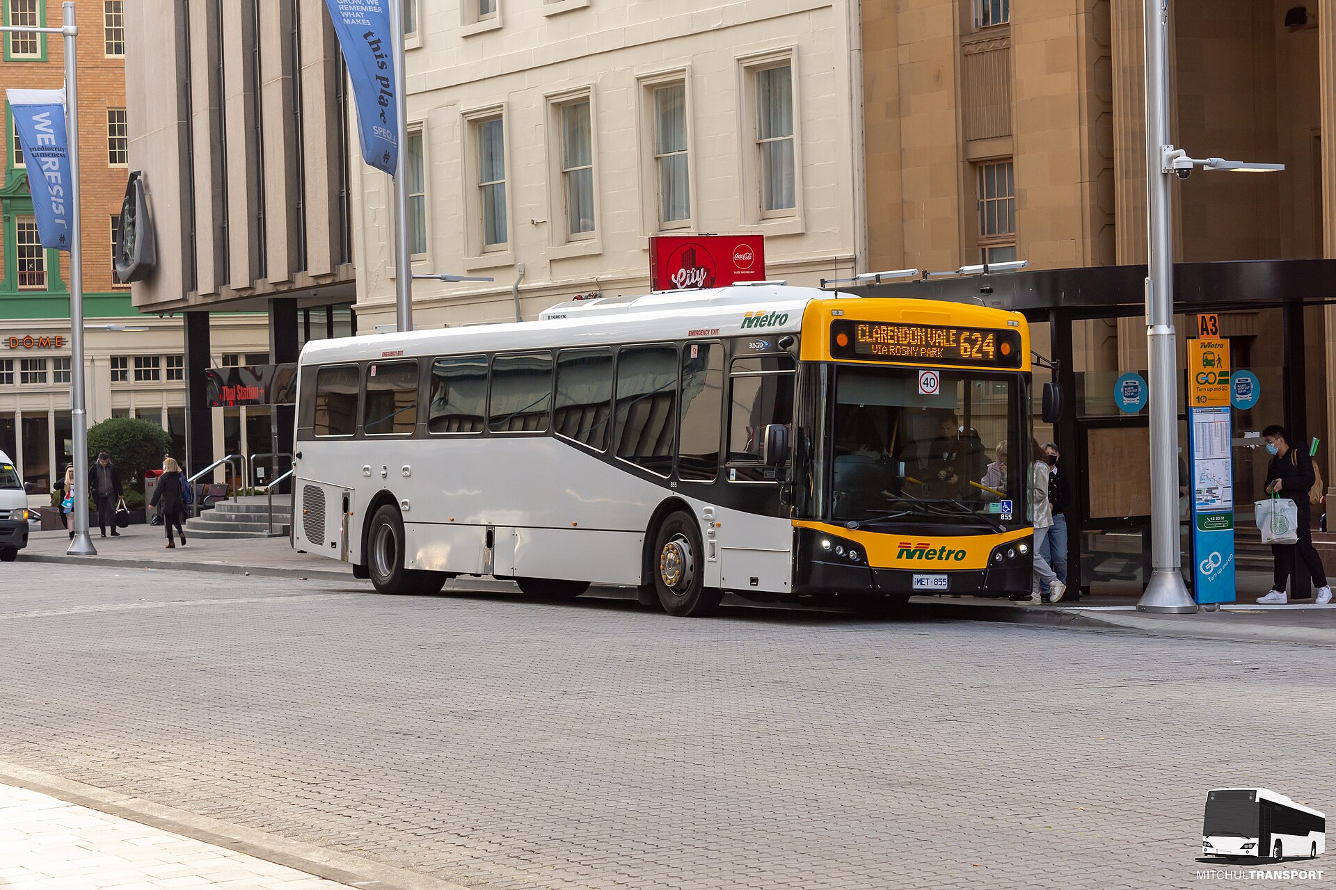 A Metro Tasmania bus on route 624 to Clarendon Vale at a city stop in Hobart