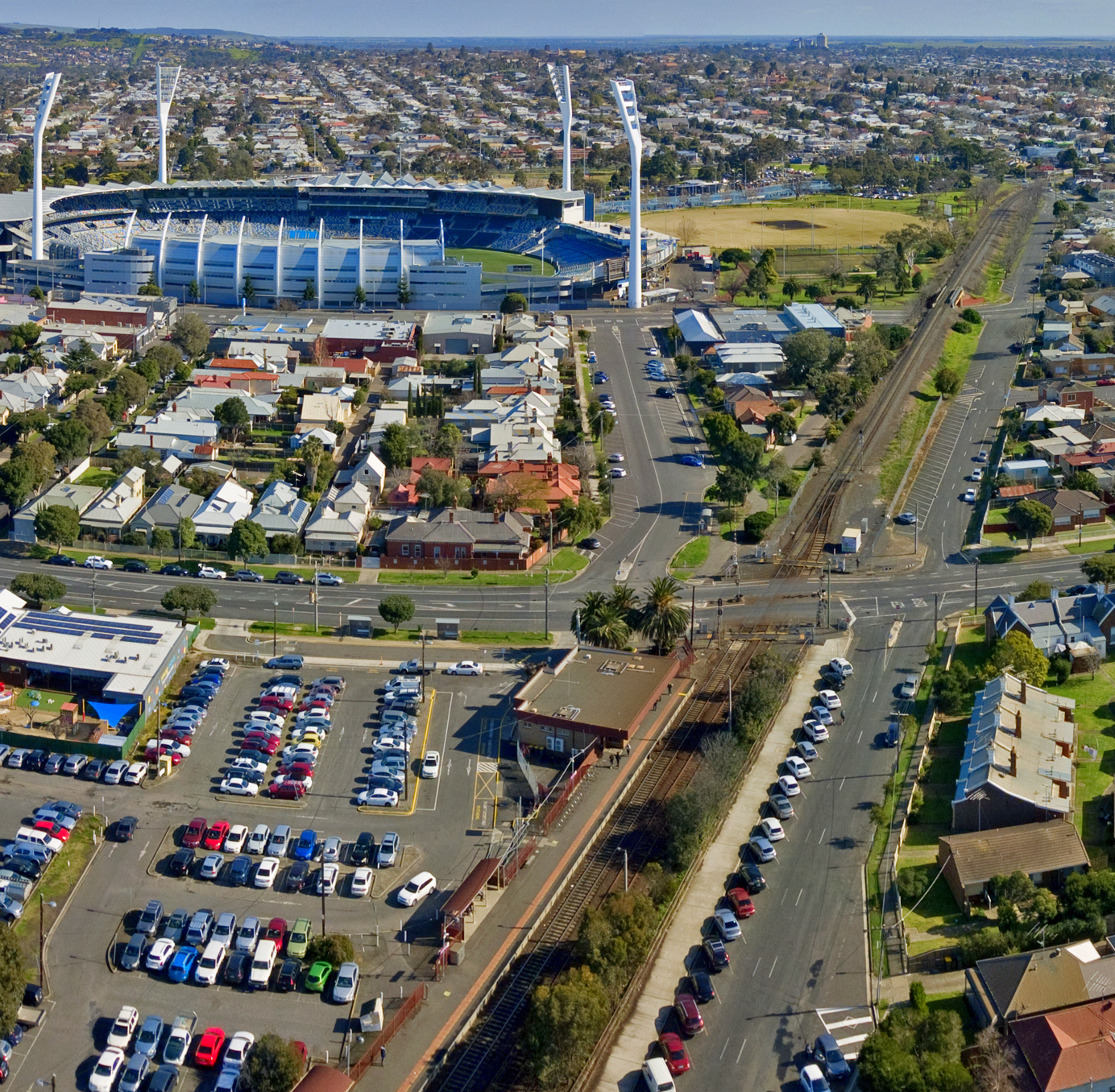 Aerial view of Kardinia Park Stadium with South Geelong station, 2018