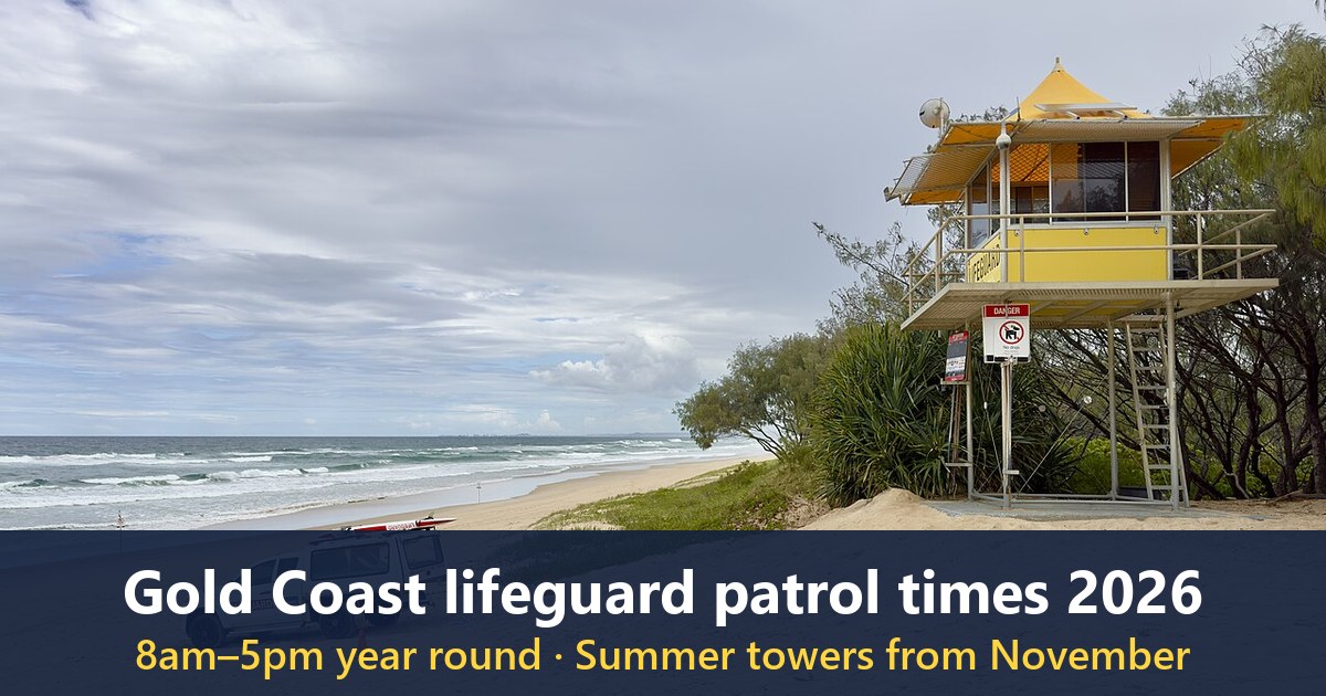 A yellow lifeguard tower and a lifeguard vehicle on The Spit beach, Gold Coast
