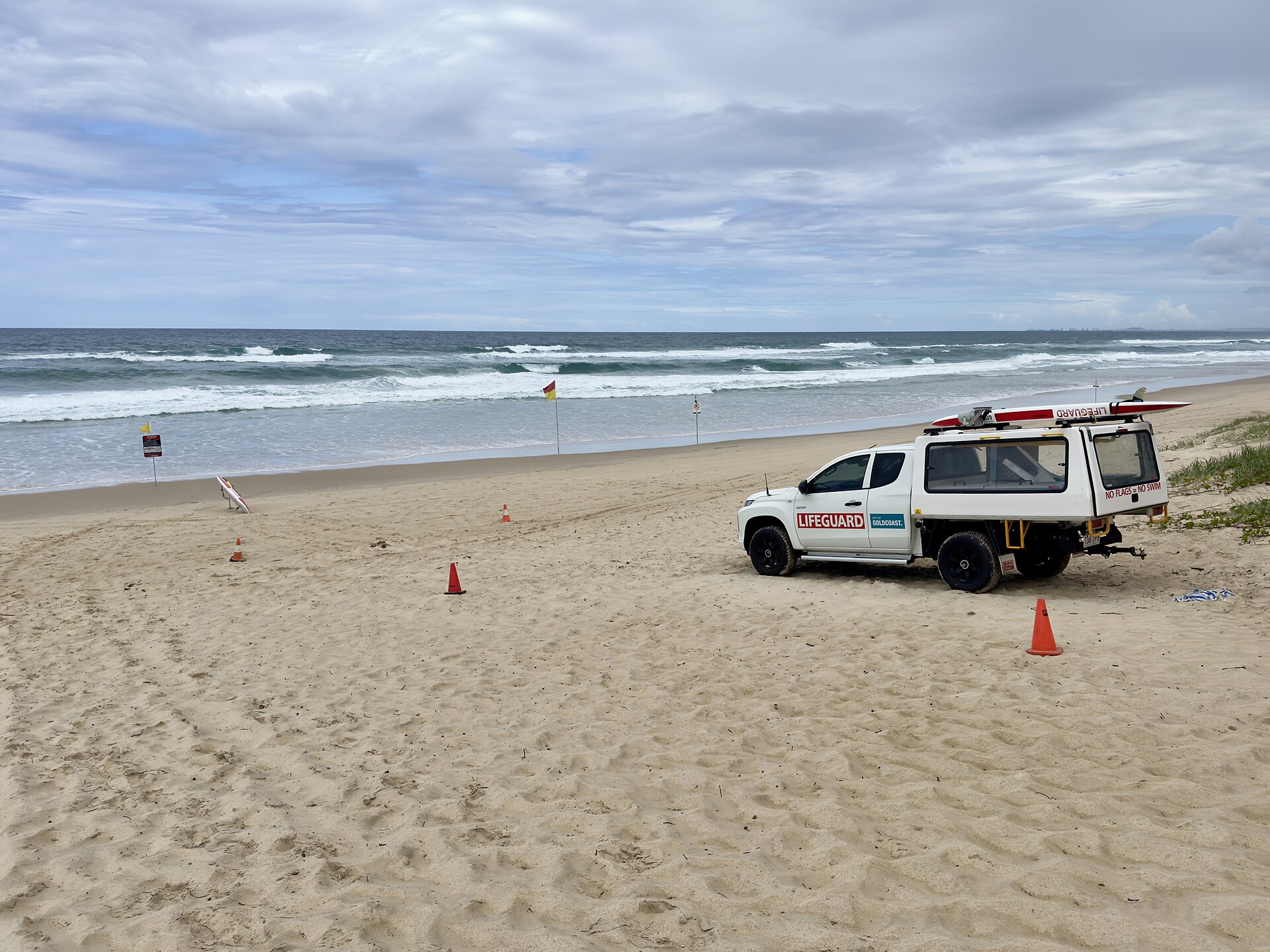 A lifeguard vehicle on The Spit beach, Gold Coast (photographed in 2025)