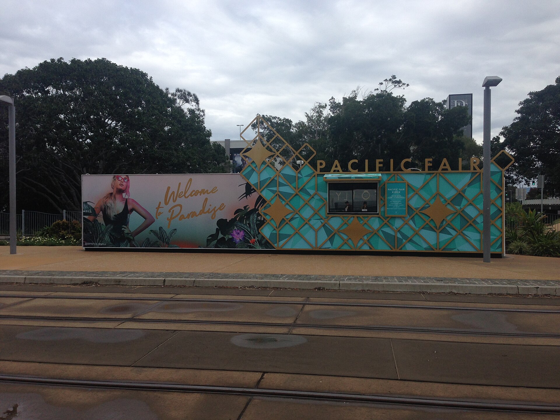 Pacific Fair information booth at Broadbeach South station, photographed in 2018
