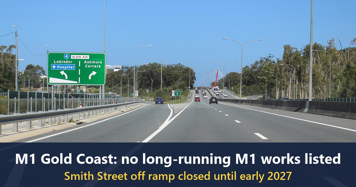 The Smith Street Motorway eastbound at the exit to Olsen Avenue (photographed in 2018)