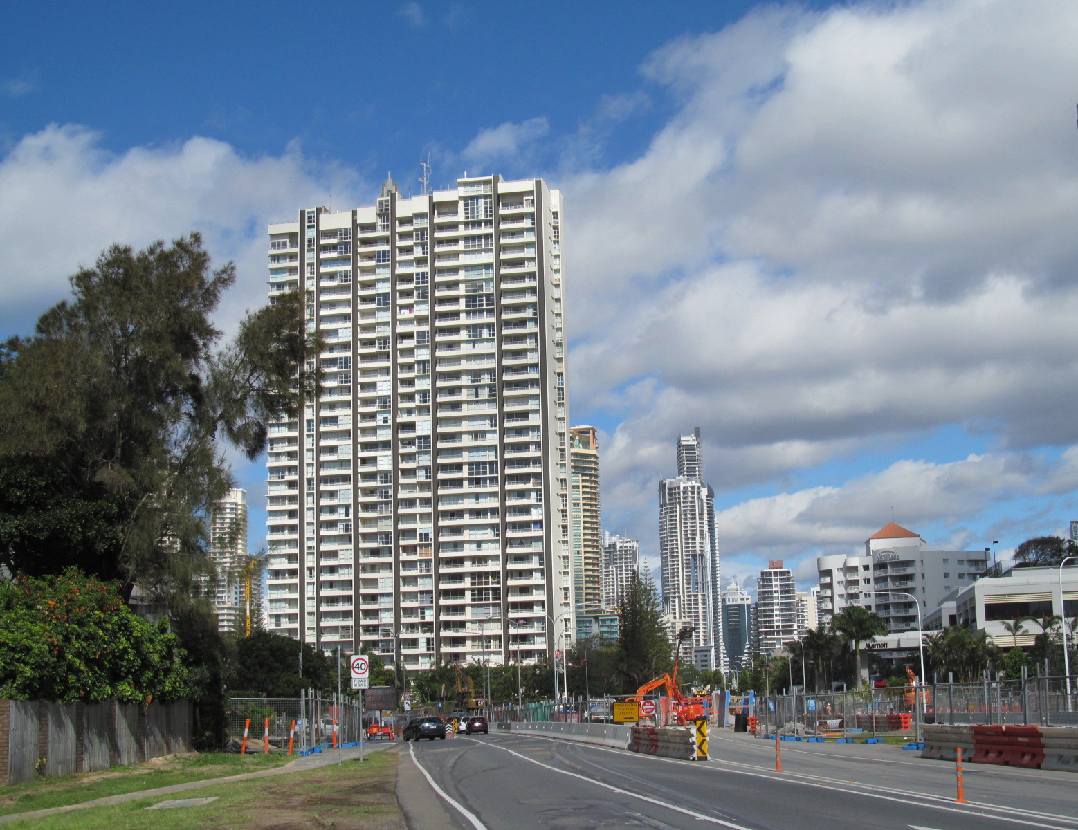 Gold Coast Highway looking north from Macintosh Island Park, taken in 2013 during light rail construction