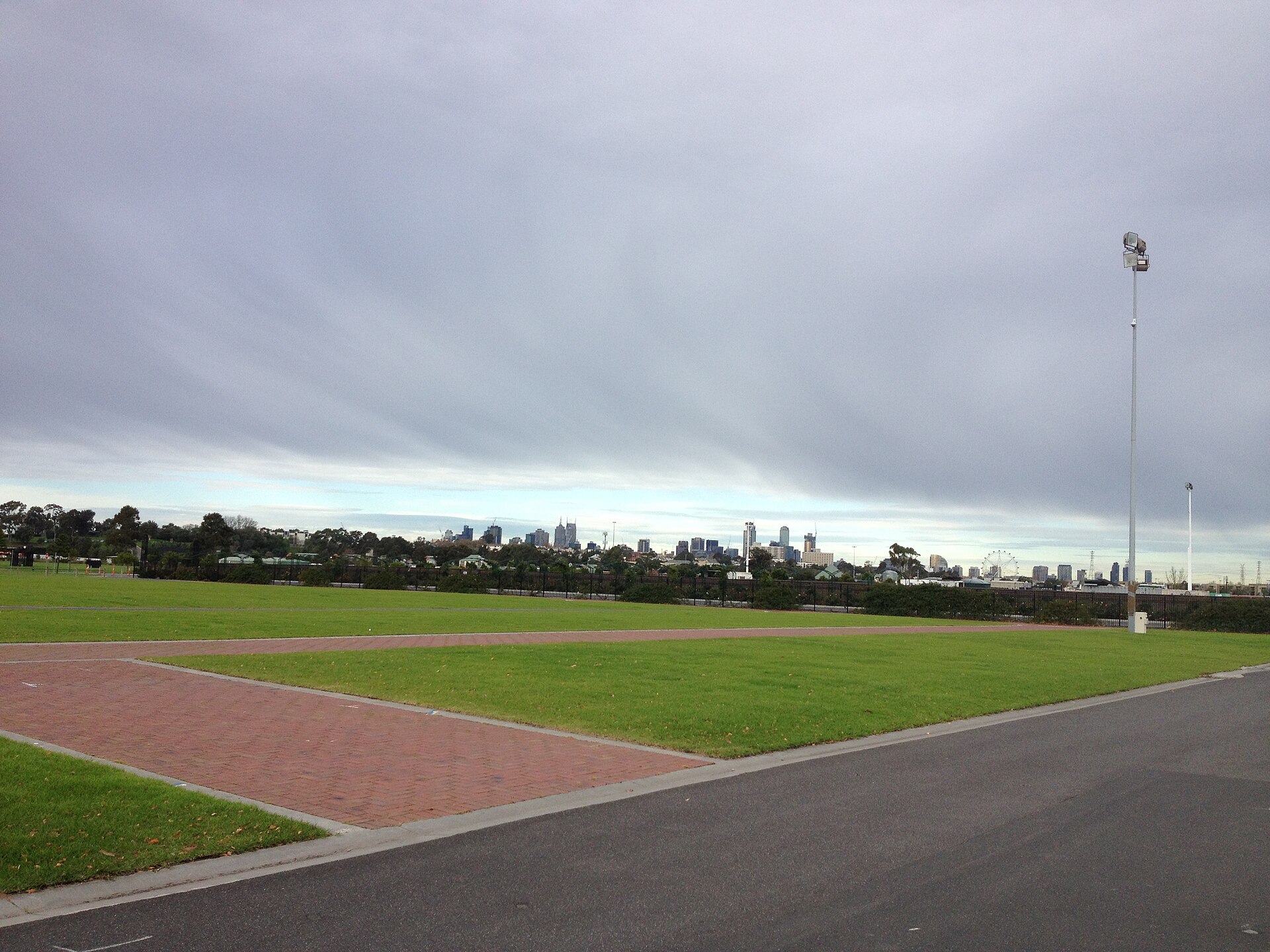 The Melbourne skyline seen from the car park at Flemington Racecourse, photographed in 2014
