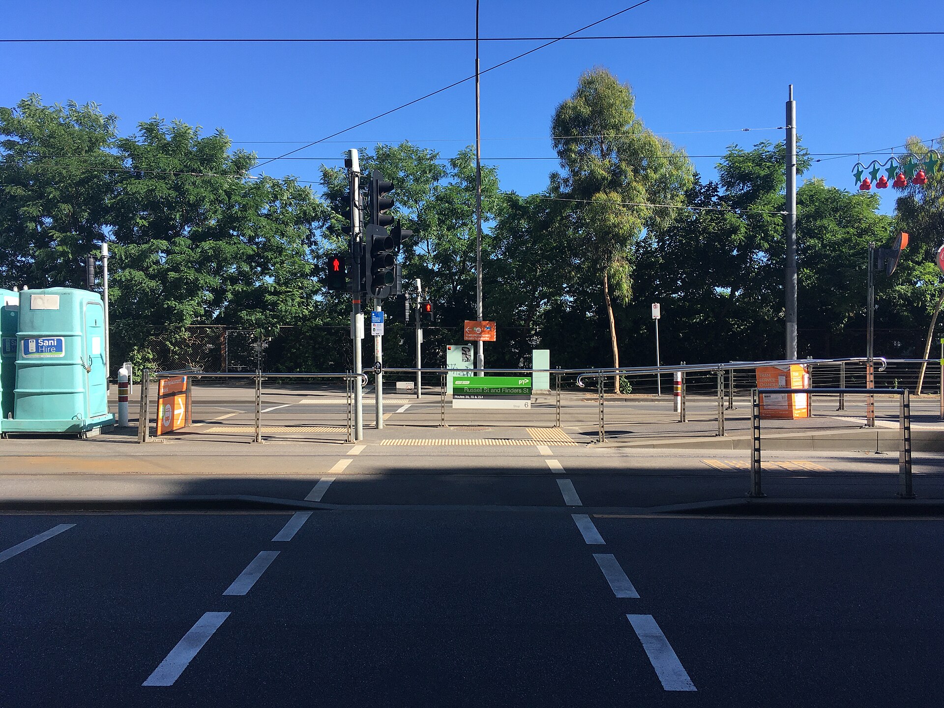 The eastern pedestrian crossing at the Flinders Street and Russell Street tram stop in Melbourne