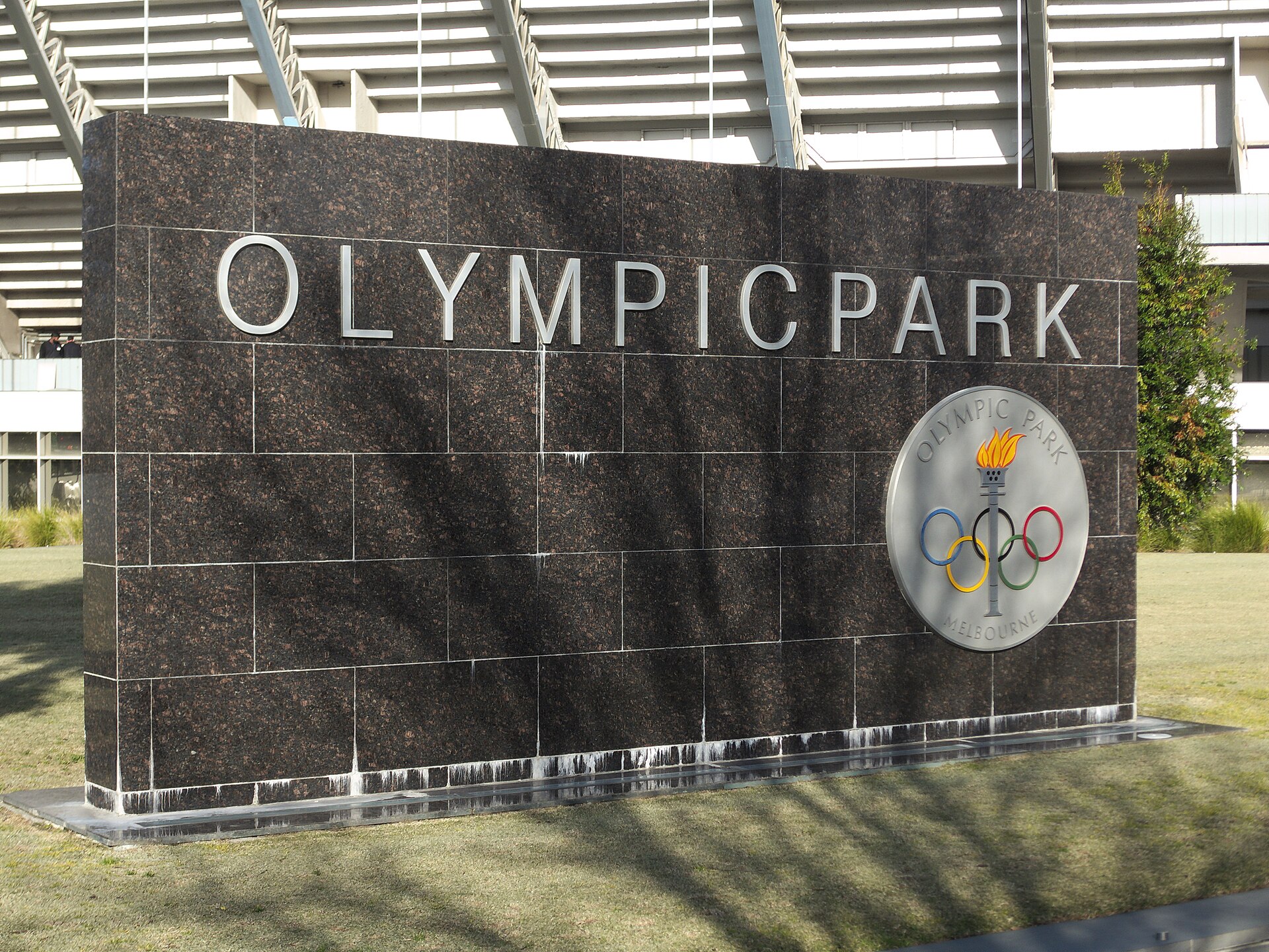 The Olympic Park sign on Olympic Boulevard in Melbourne