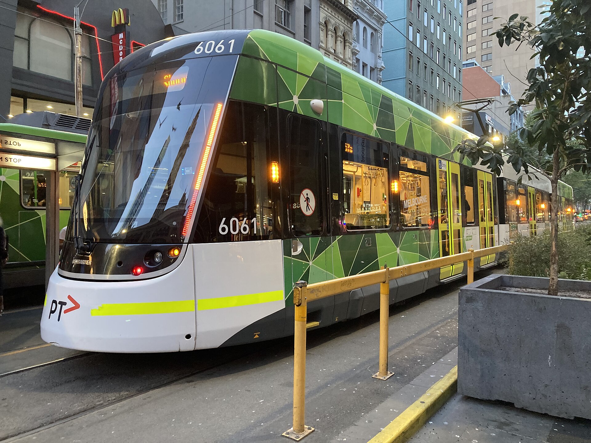 A Route 57a tram at Elizabeth Street and Flinders Street in 2023