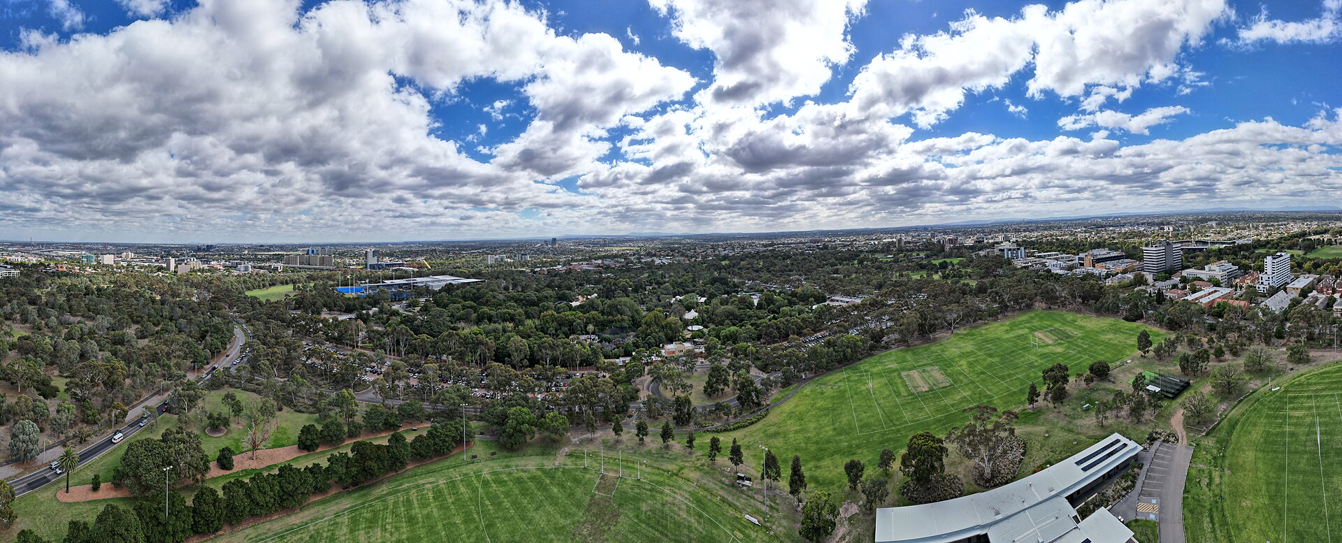 Aerial panorama of Parkville and Melbourne Zoo