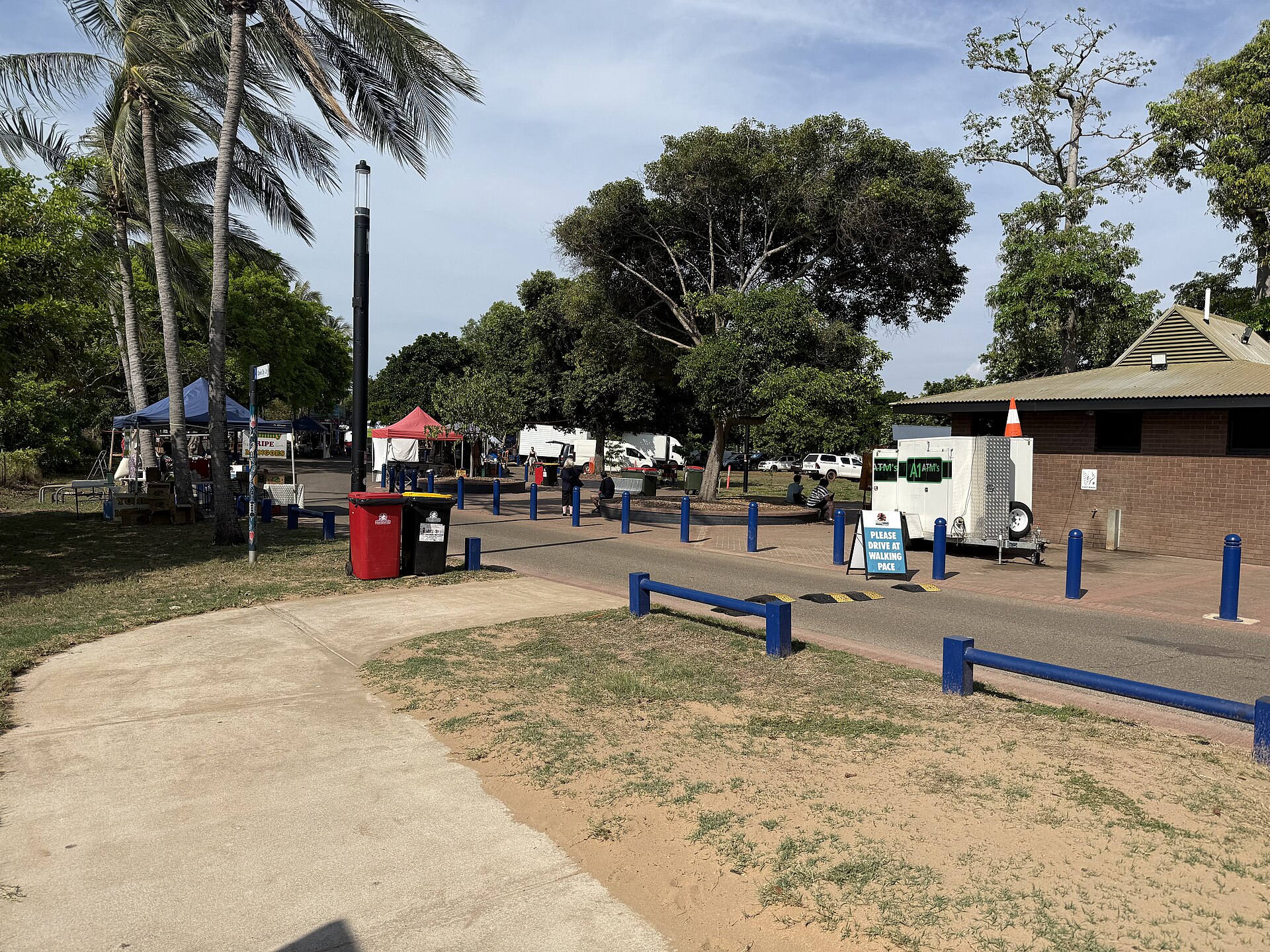 Market grounds at Mindil Beach, Darwin, with palms and market tents, photographed in October 2025