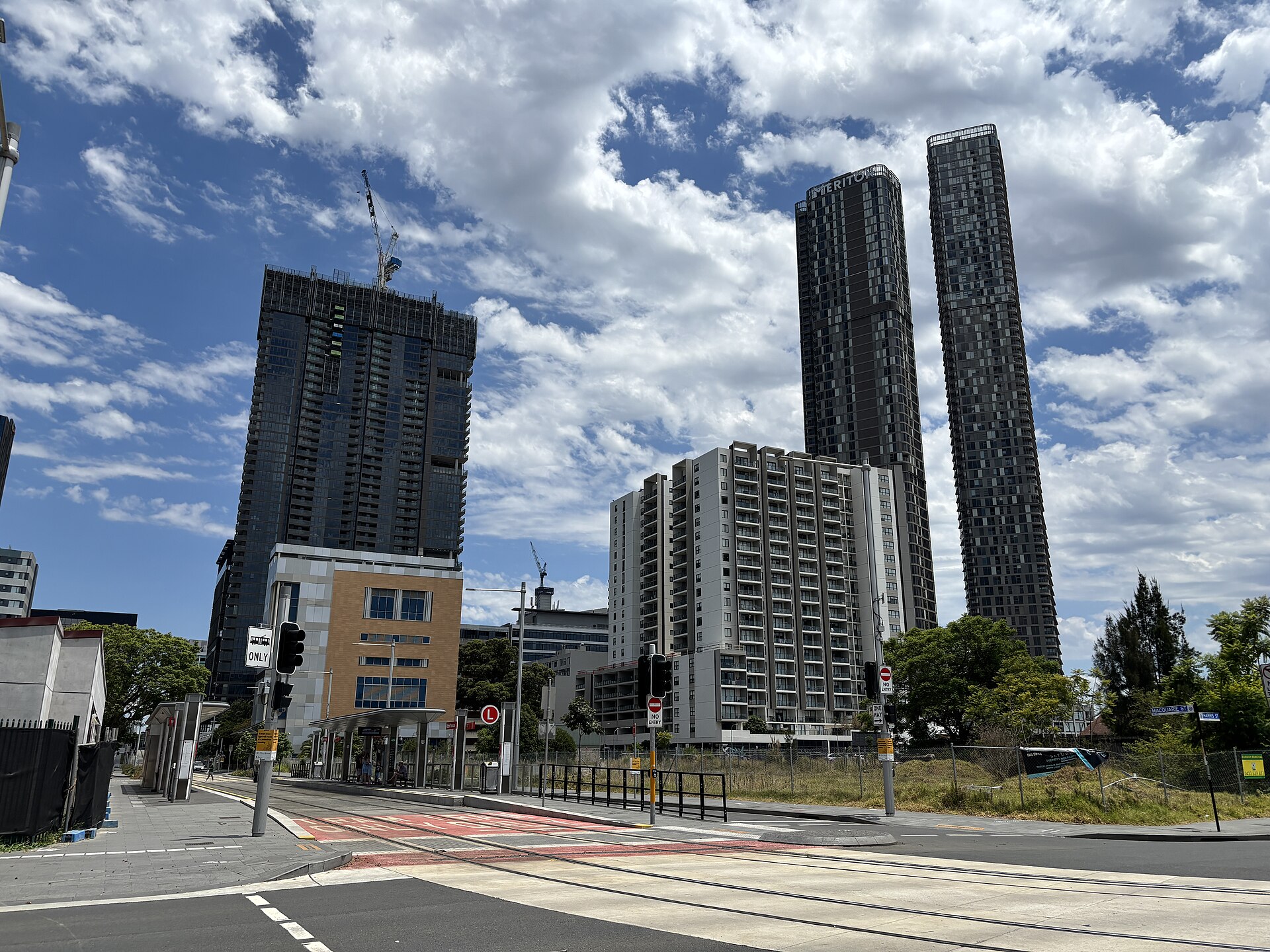The area around the Robin Thomas light rail stop in Parramatta, seen from the west