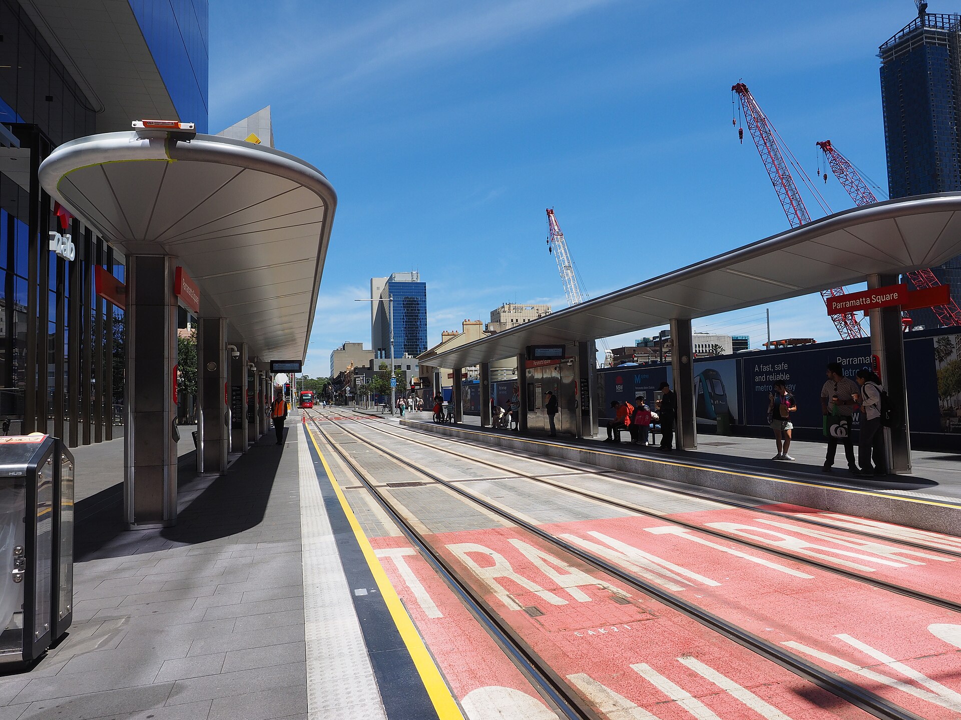 The Parramatta Square light rail stop viewed from the east in December 2025