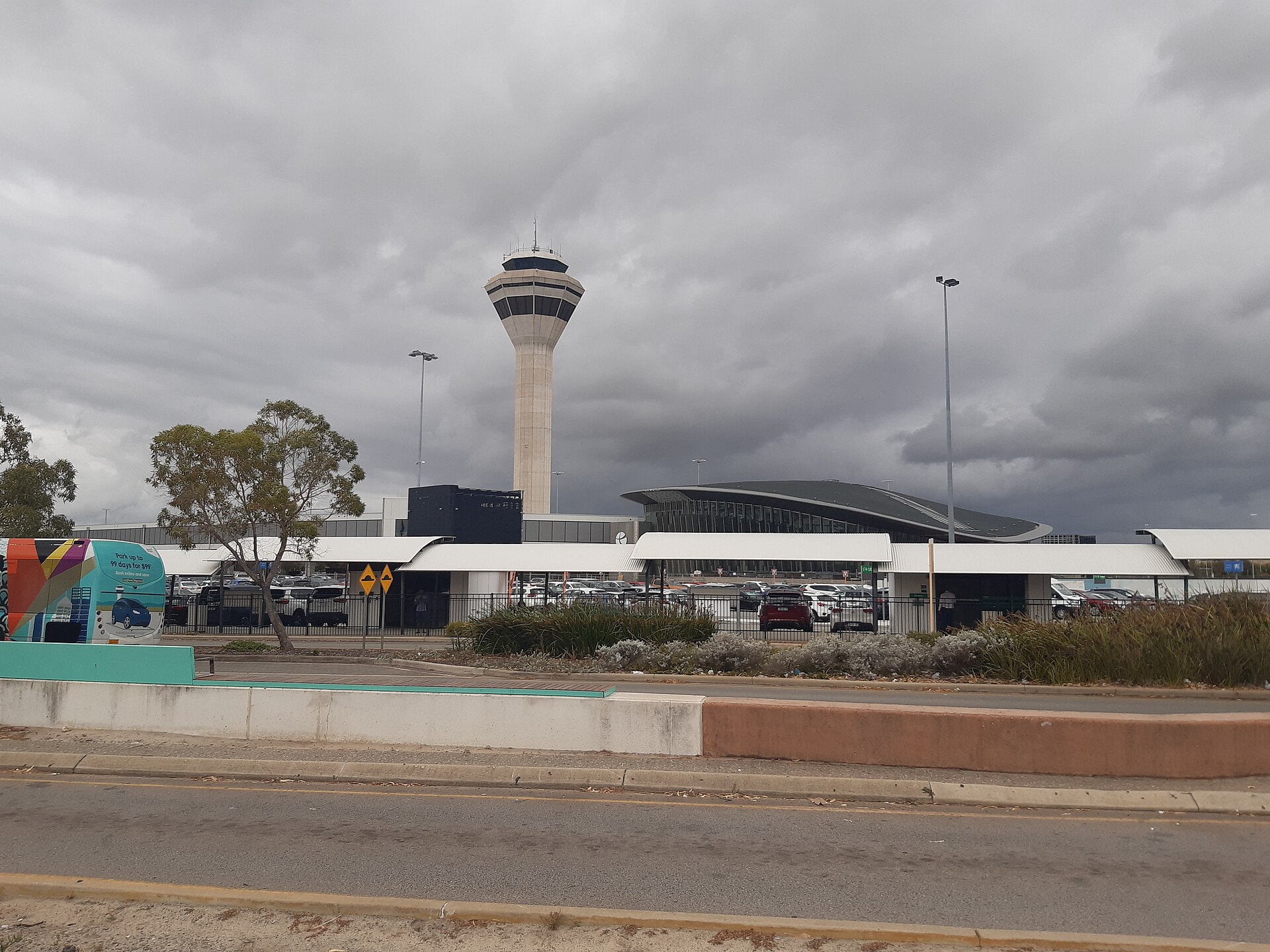 Perth Airport control tower and Airport Central railway station, photographed in December 2021